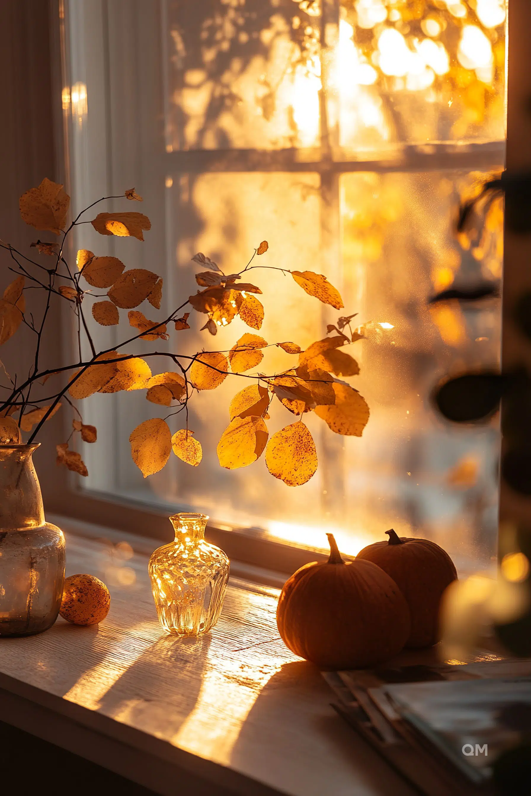Warm sunlight filters through a window, casting a golden glow on yellow leaves, a clear vase, and pumpkins on a wooden sill.
