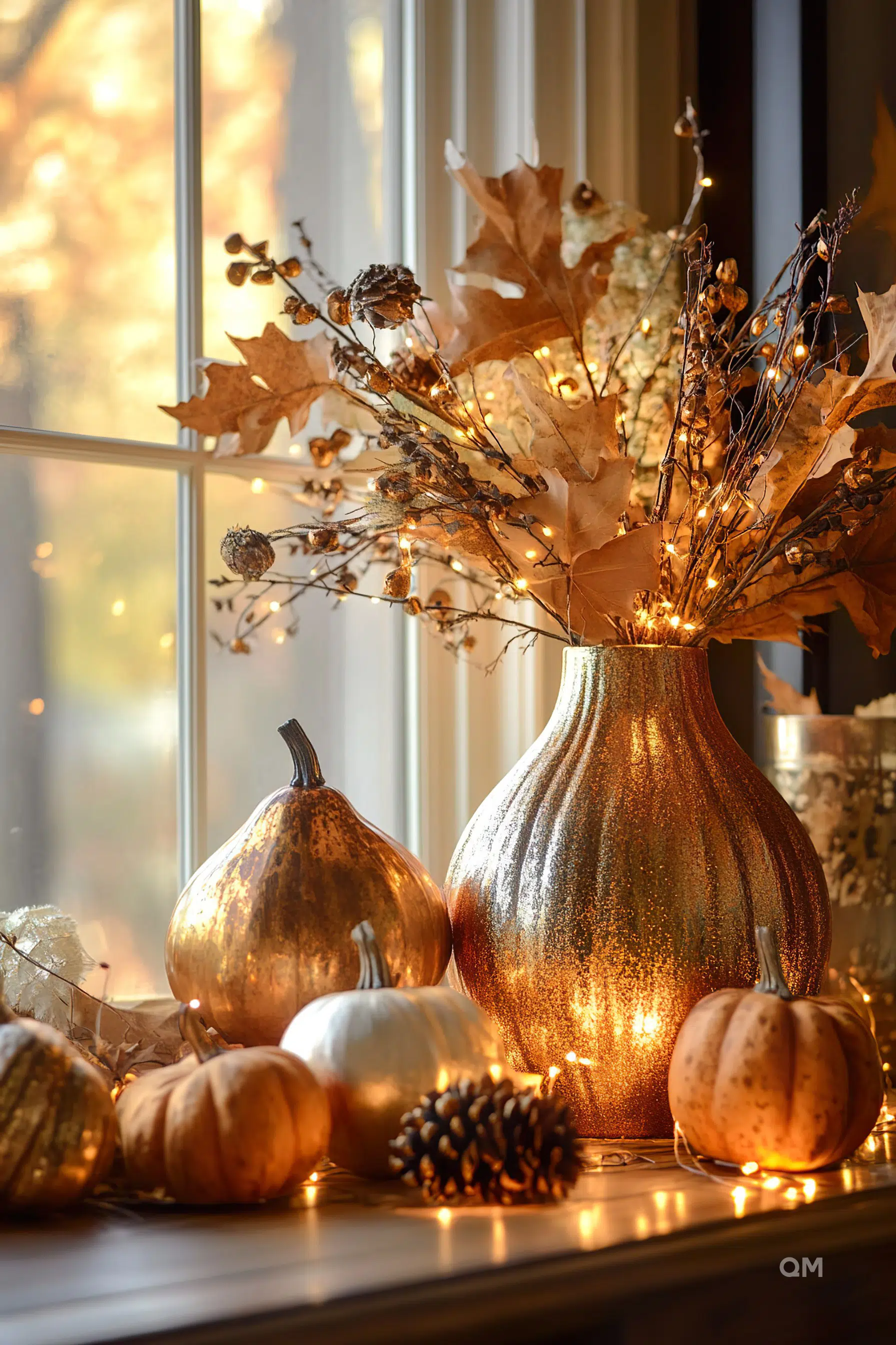 A cozy autumnal decoration featuring metallic pumpkins, pine cones, and a vase with dried foliage and fairy lights on a windowsill.