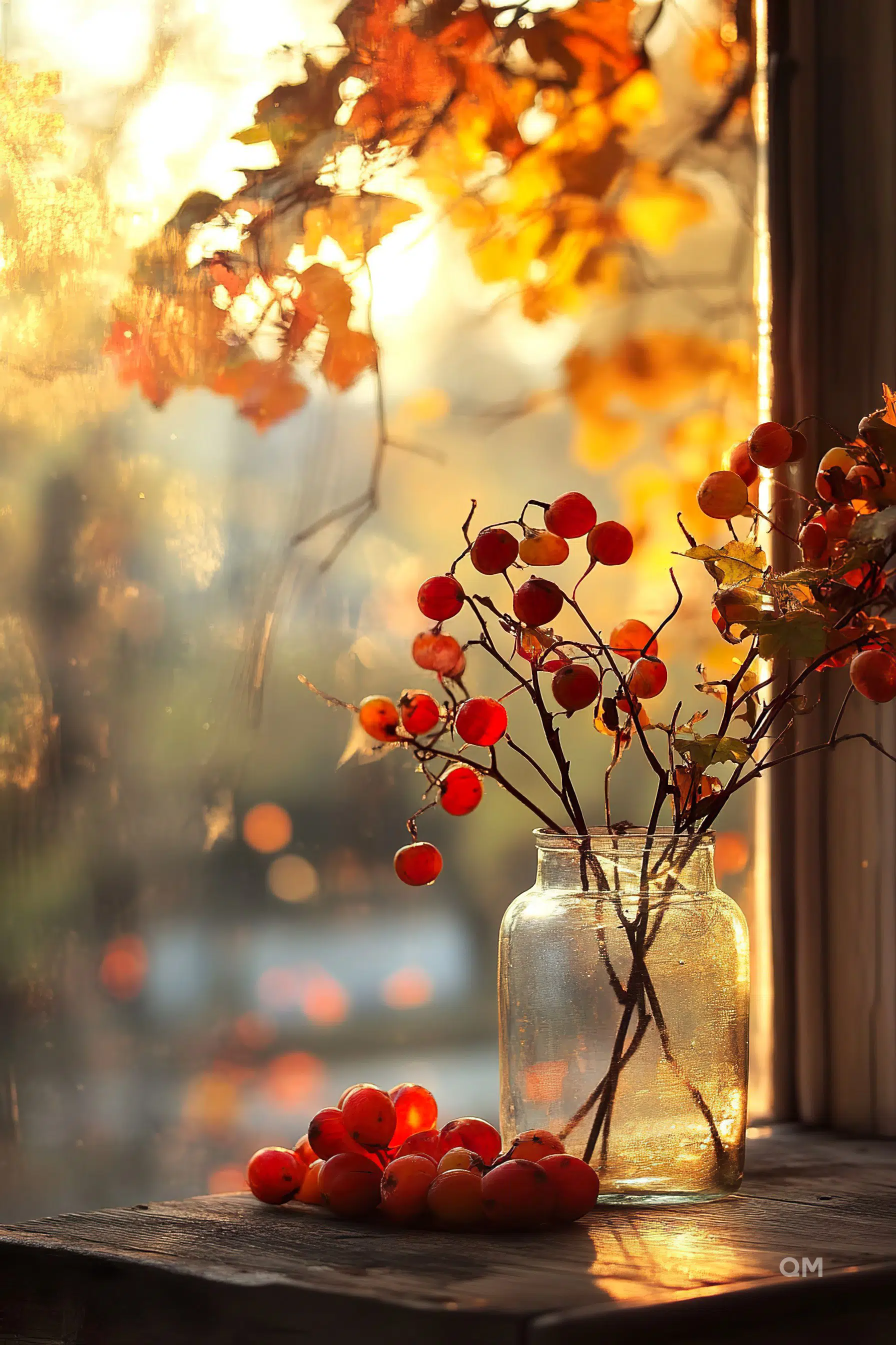 Glass jar with red berries on a sunlit windowsill, autumn leaves visible outside.