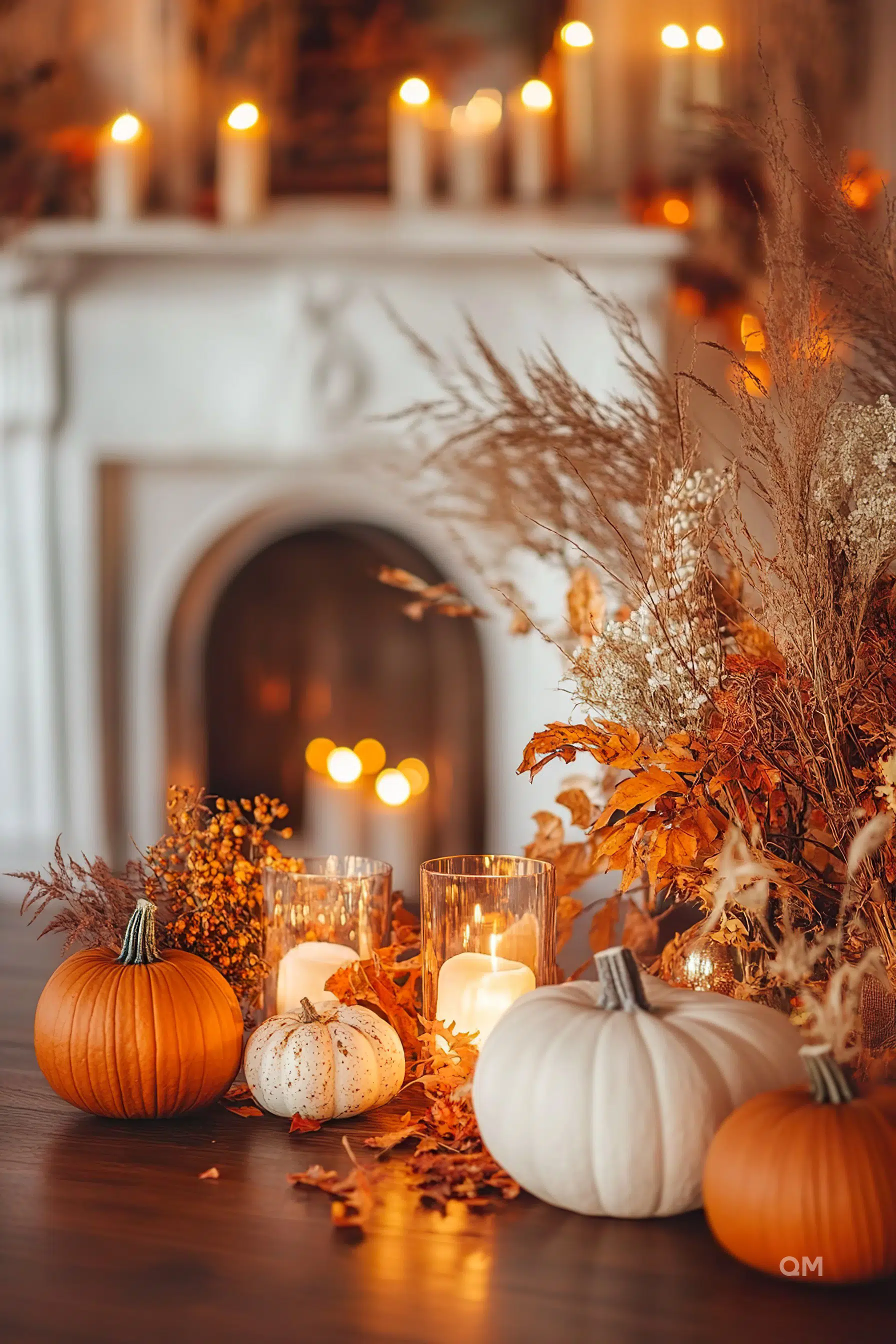 Cozy autumn decor with pumpkins, candles, and dried leaves on a wooden table, against a fireplace background with lit candles.