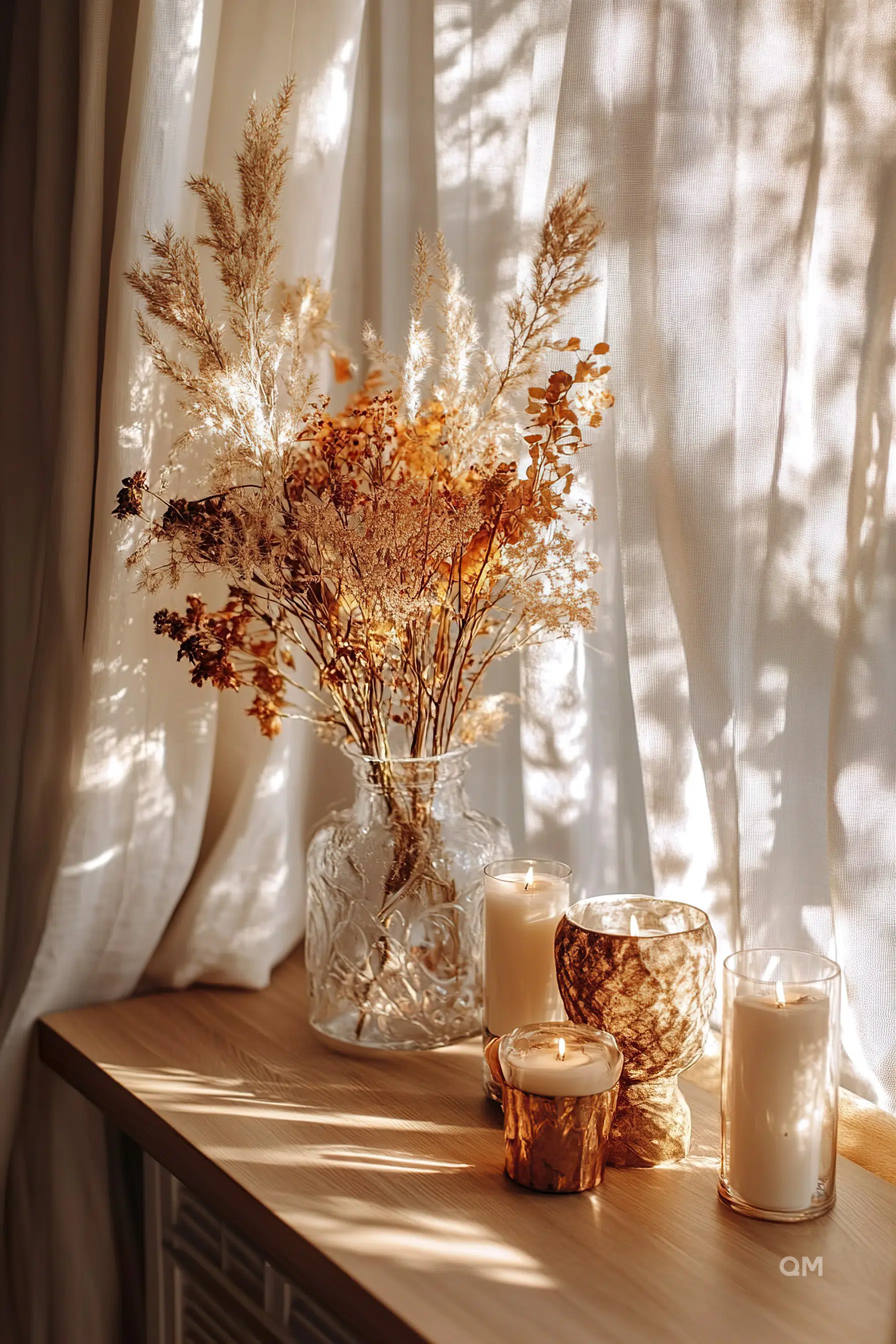 ALT text: Warm sunlight filters through sheer curtains, casting shadows beside a vase with dried foliage and three lit candles on a wooden surface.