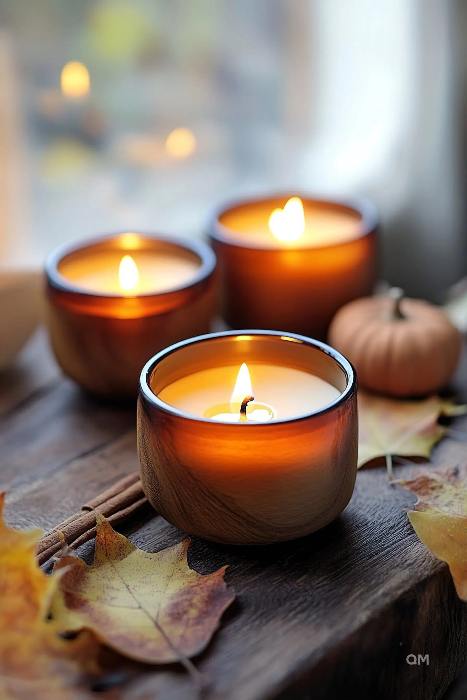 Three lit amber-colored candles on a wooden surface surrounded by autumn leaves with a blurred background.