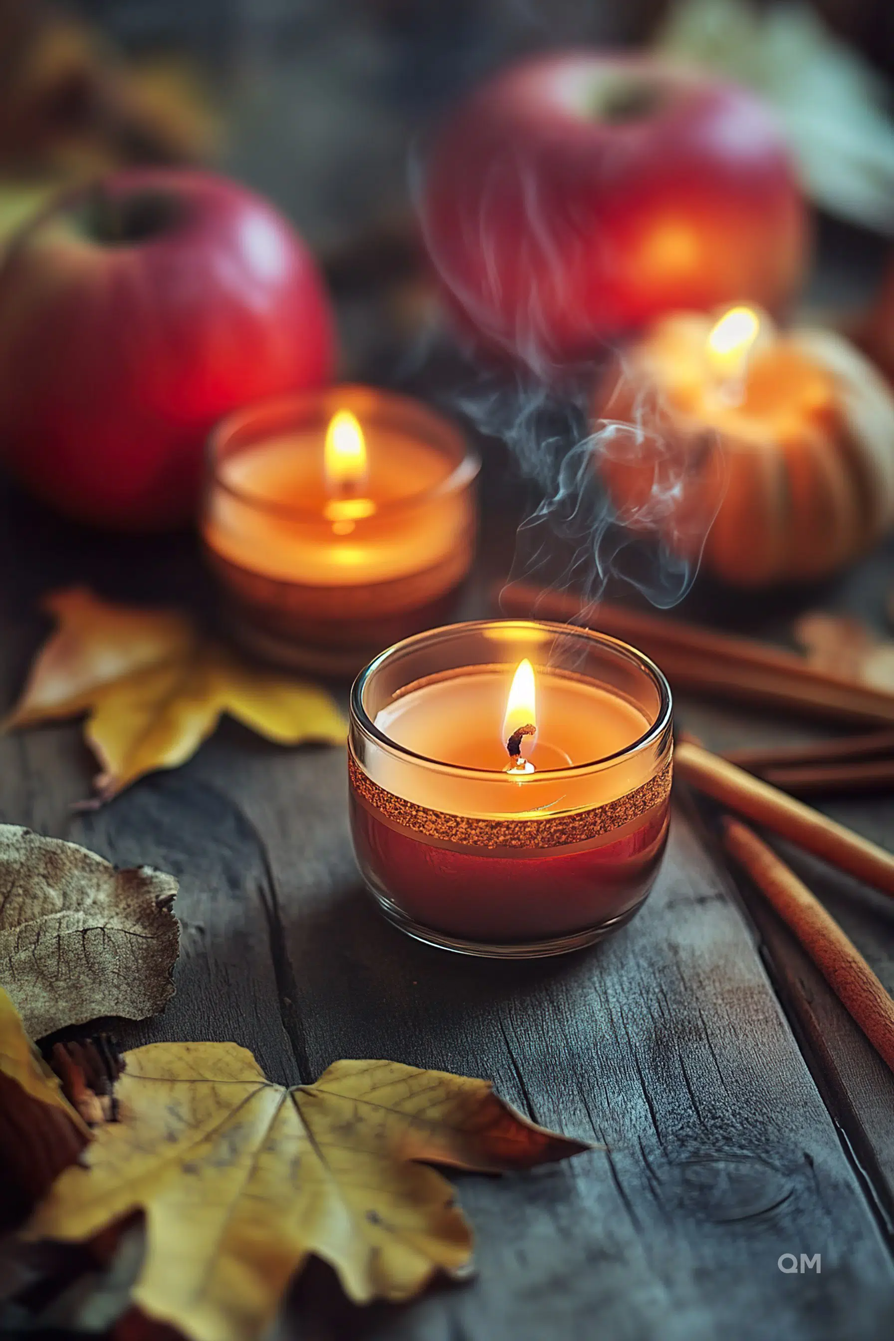 Lit scented candles, autumn leaves, apples, and cinnamon sticks on a wooden surface, evoking a cozy, fall atmosphere.