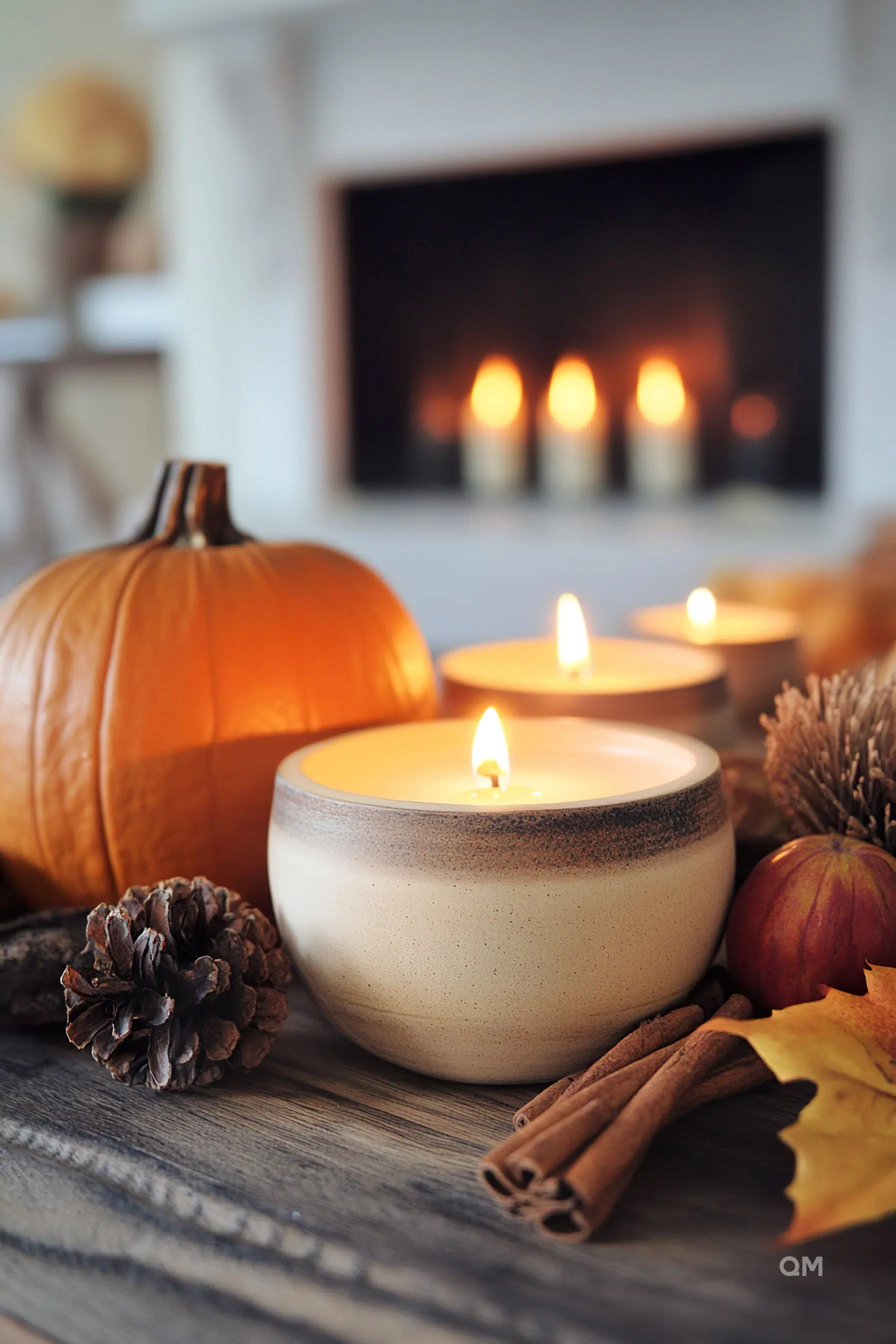A lit candle in a smooth ceramic holder with autumnal items including pinecones, cinnamon sticks, and a pumpkin, with a fireplace in the background.