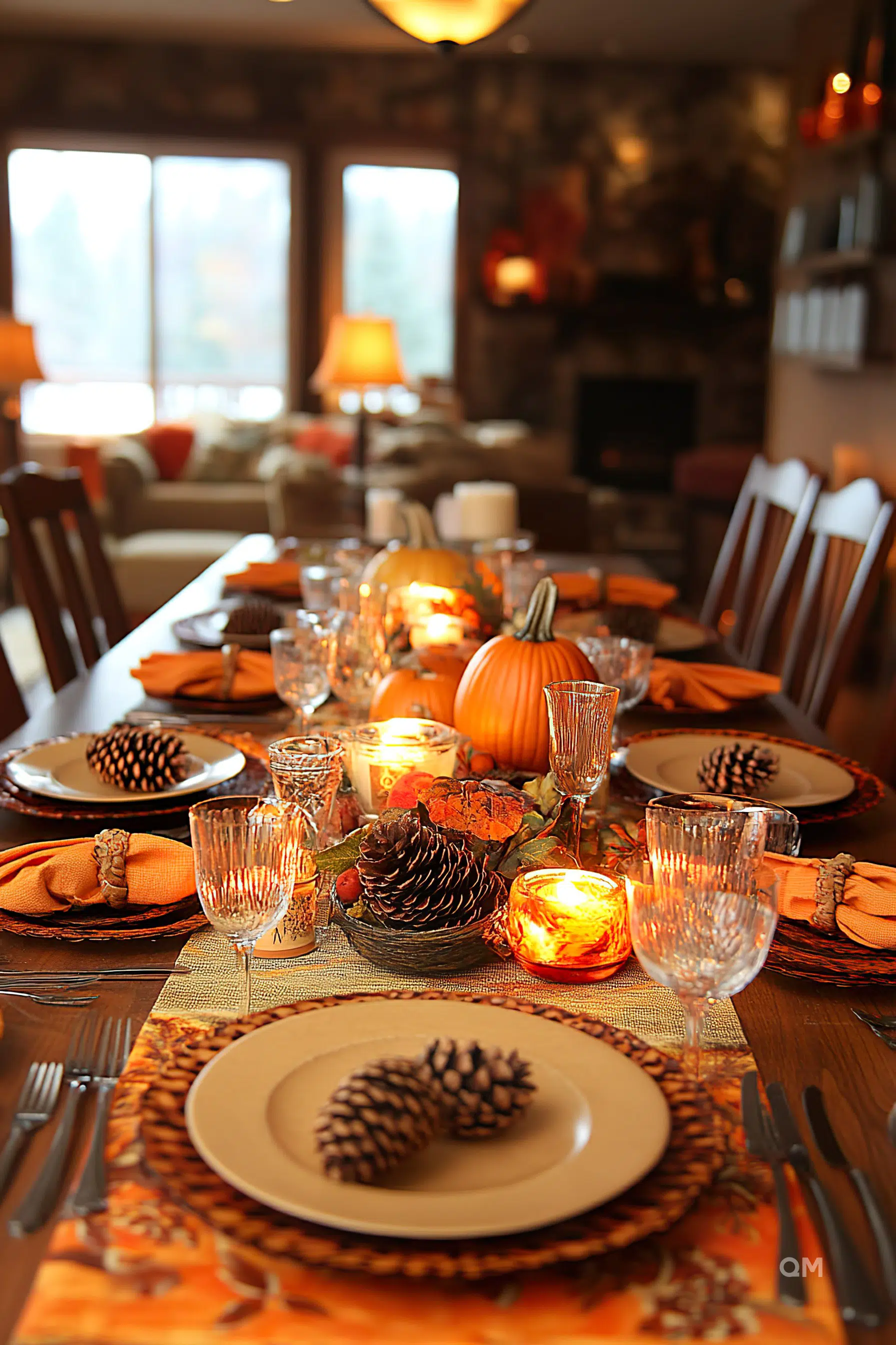A festive table setting with autumn decor, featuring pine cones, candles, pumpkins, and an orange and brown color scheme.