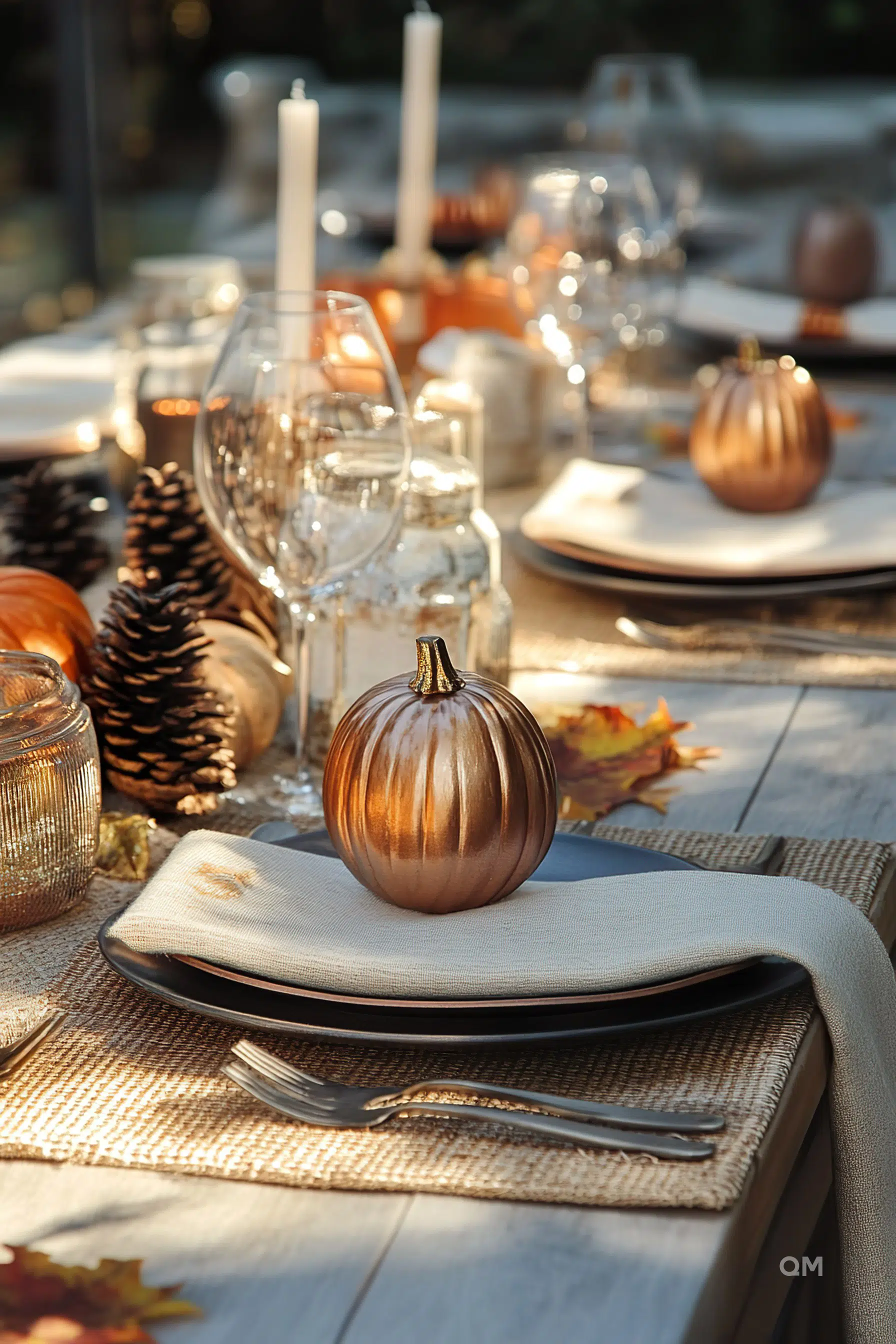 Elegant outdoor autumn table setting with bronze pumpkin centerpiece, pine cones, wine glasses, and white candles in daylight.