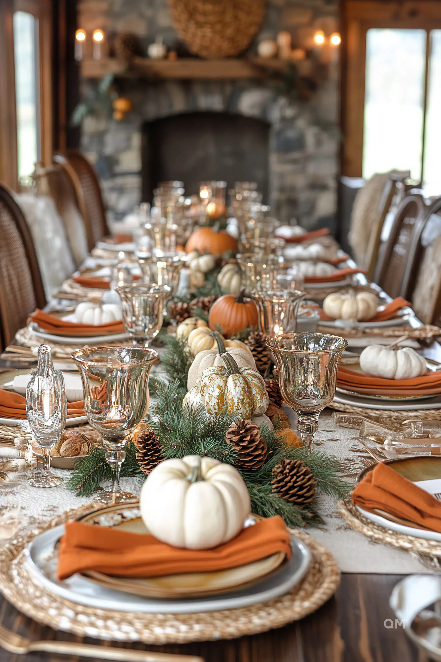 Festive dining table set for Thanksgiving with pumpkins, pinecones, and elegant glassware, in a cozy room with a fireplace.