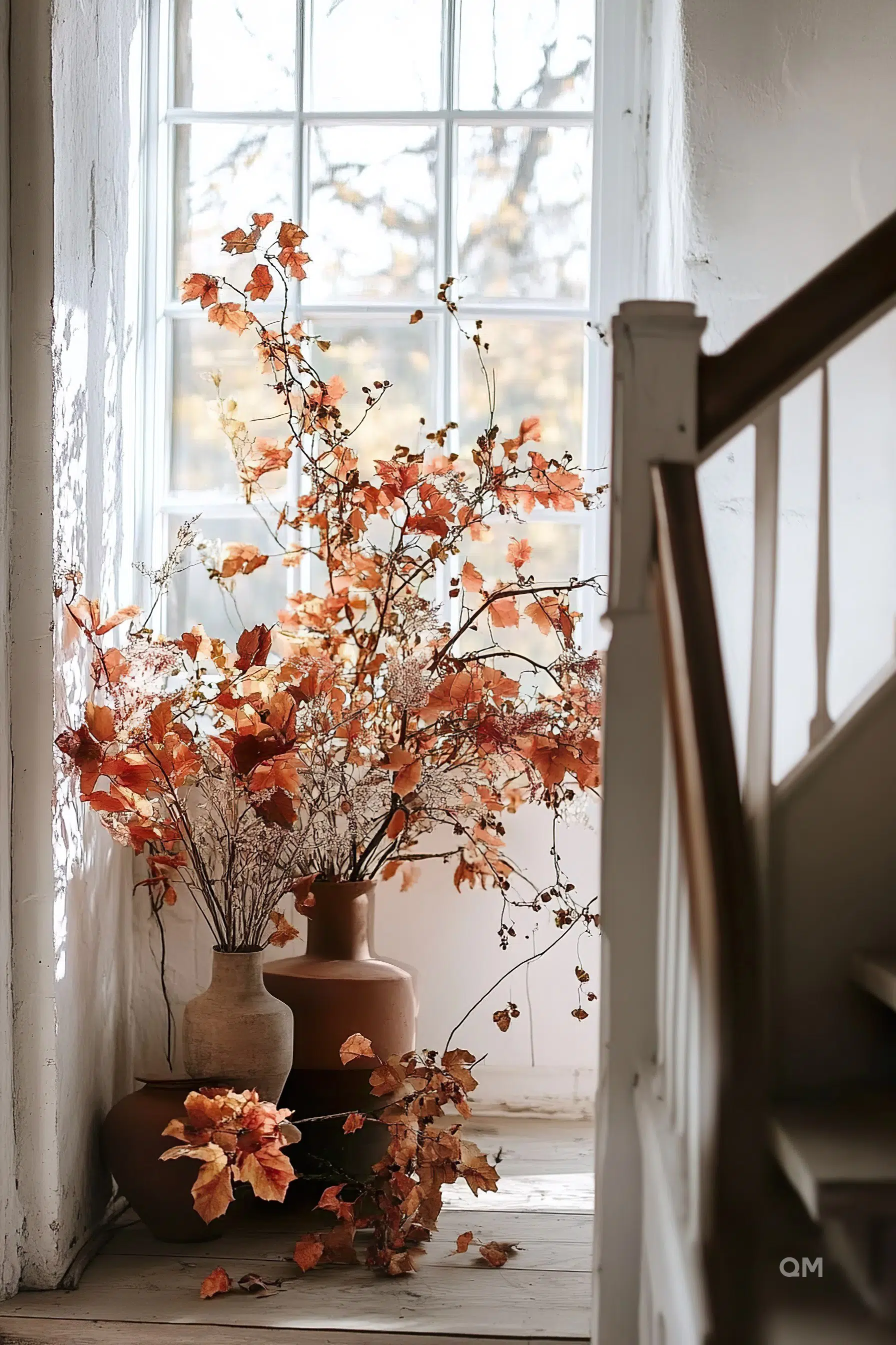 A cozy corner by a window with autumn leaves in clay vases, soft light filtering through, casting a warm, serene atmosphere.