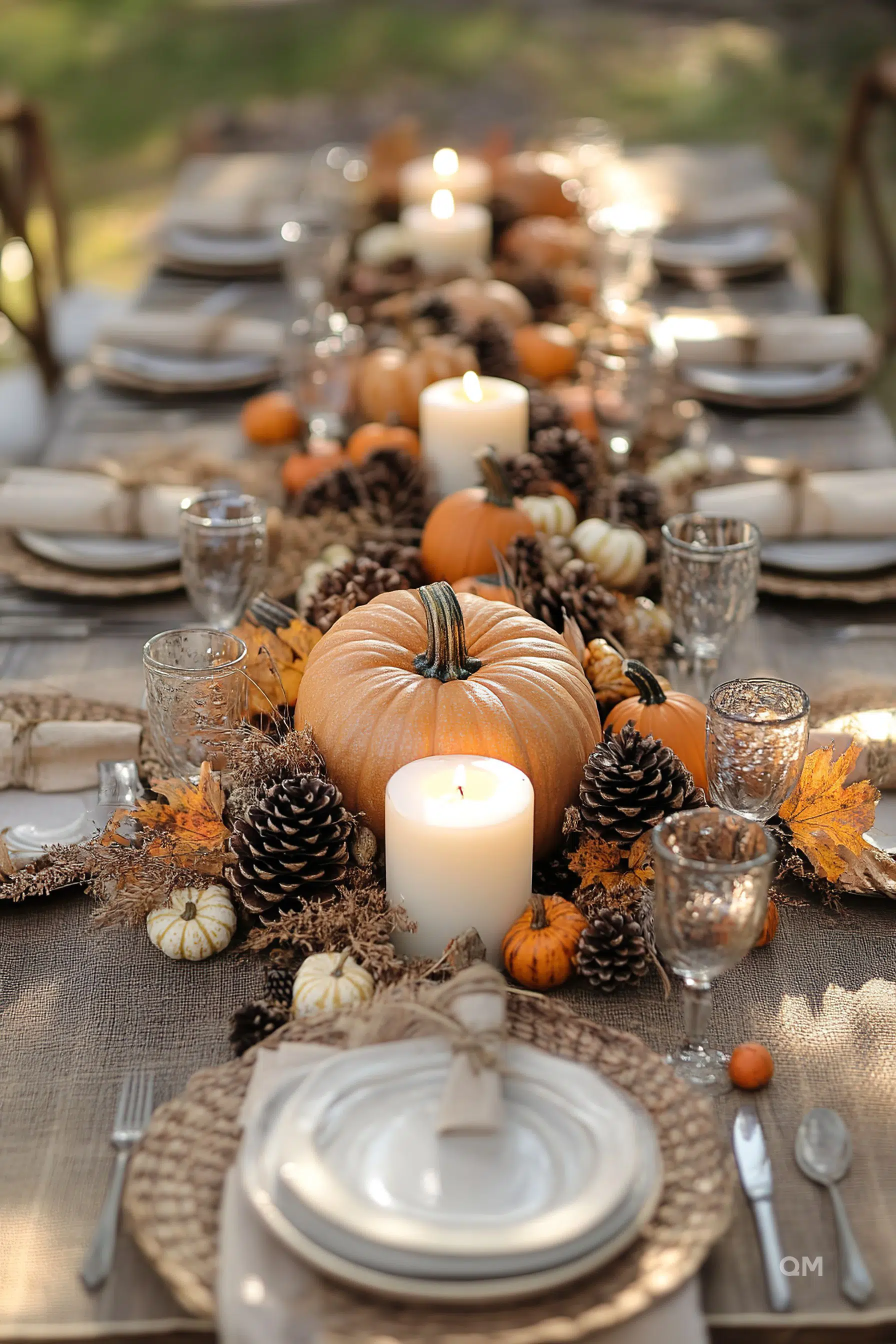 A beautifully decorated autumn-themed table setting with lit candles, pumpkins, pine cones, and fall leaves.