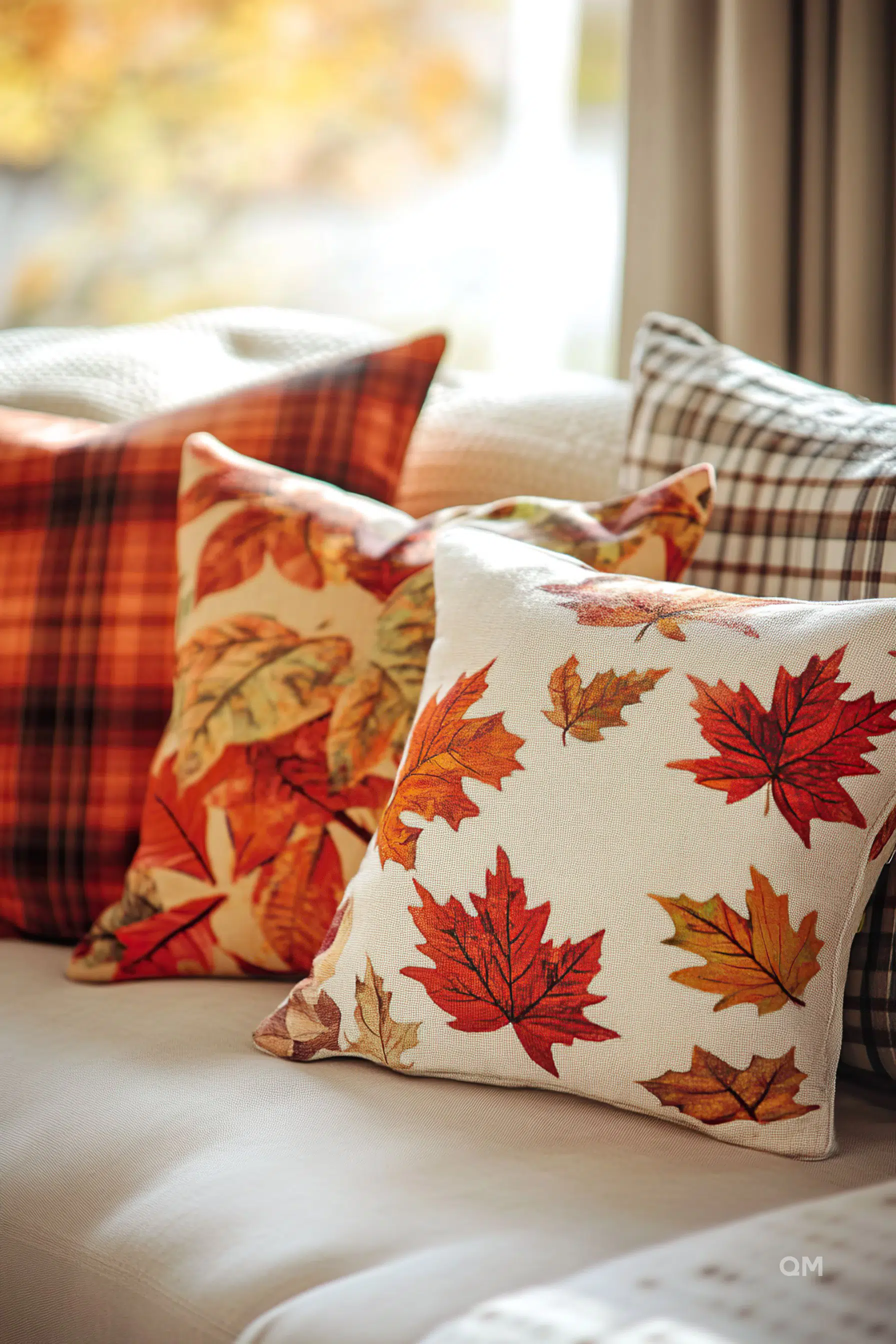 Cozy home interior with fall-themed decorative pillows on a couch, warm sunlight, and autumn leaves visible outside the window.