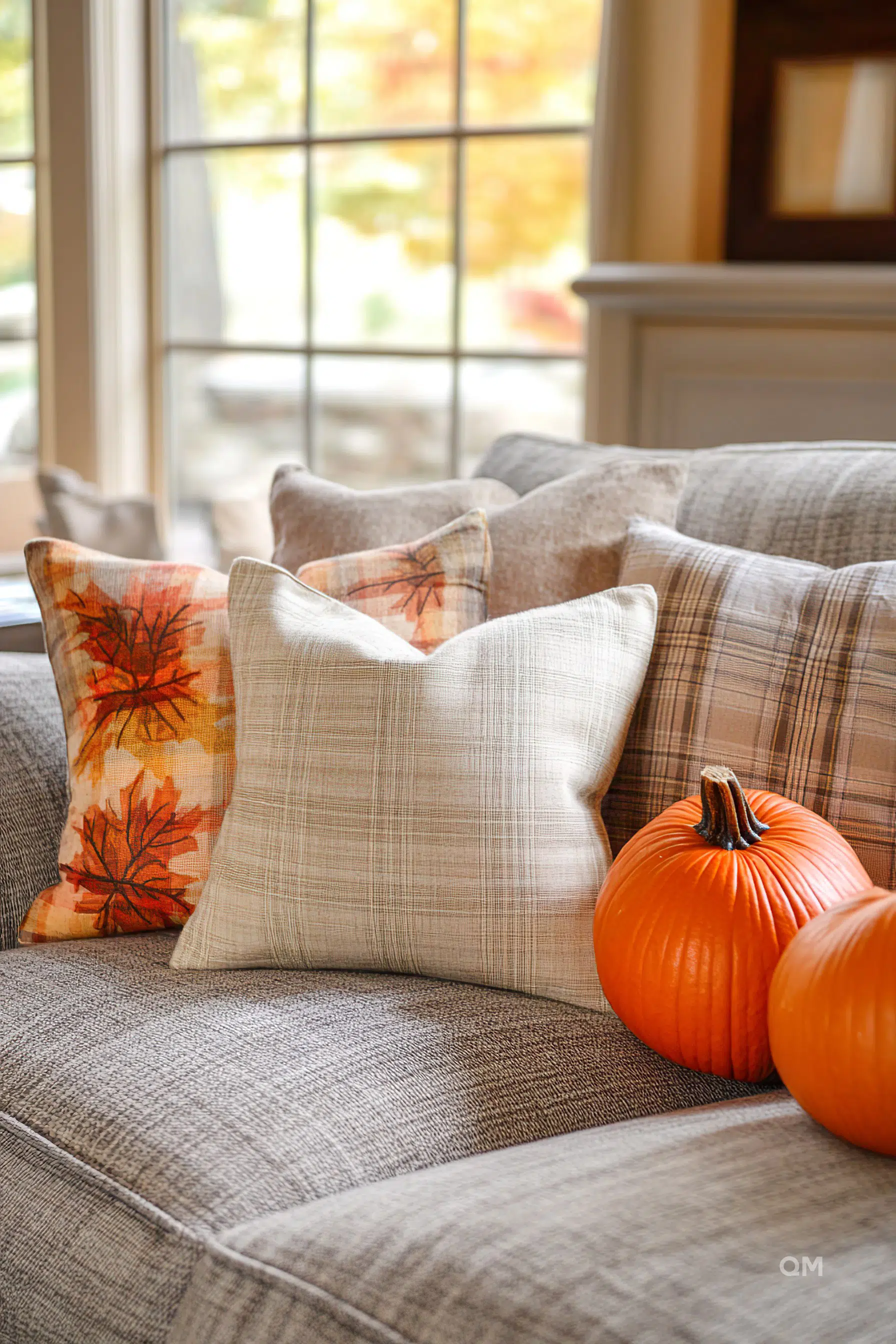 Cozy autumn-inspired living room corner with plaid and leaf-patterned throw pillows and orange pumpkins on a couch.