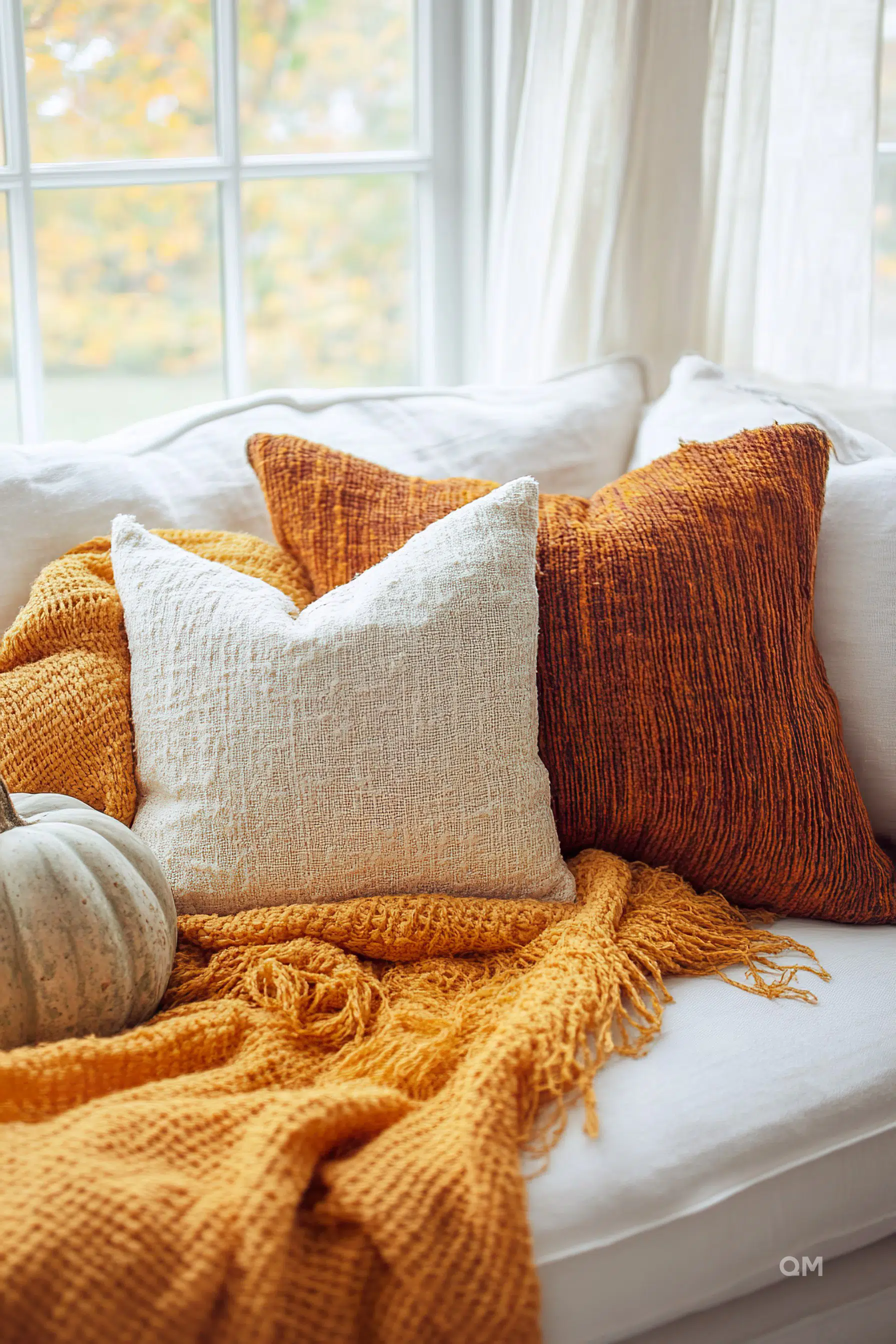 Cozy nook with plush pillows and a warm golden throw blanket on a white bench by a window with autumn leaves visible outside.