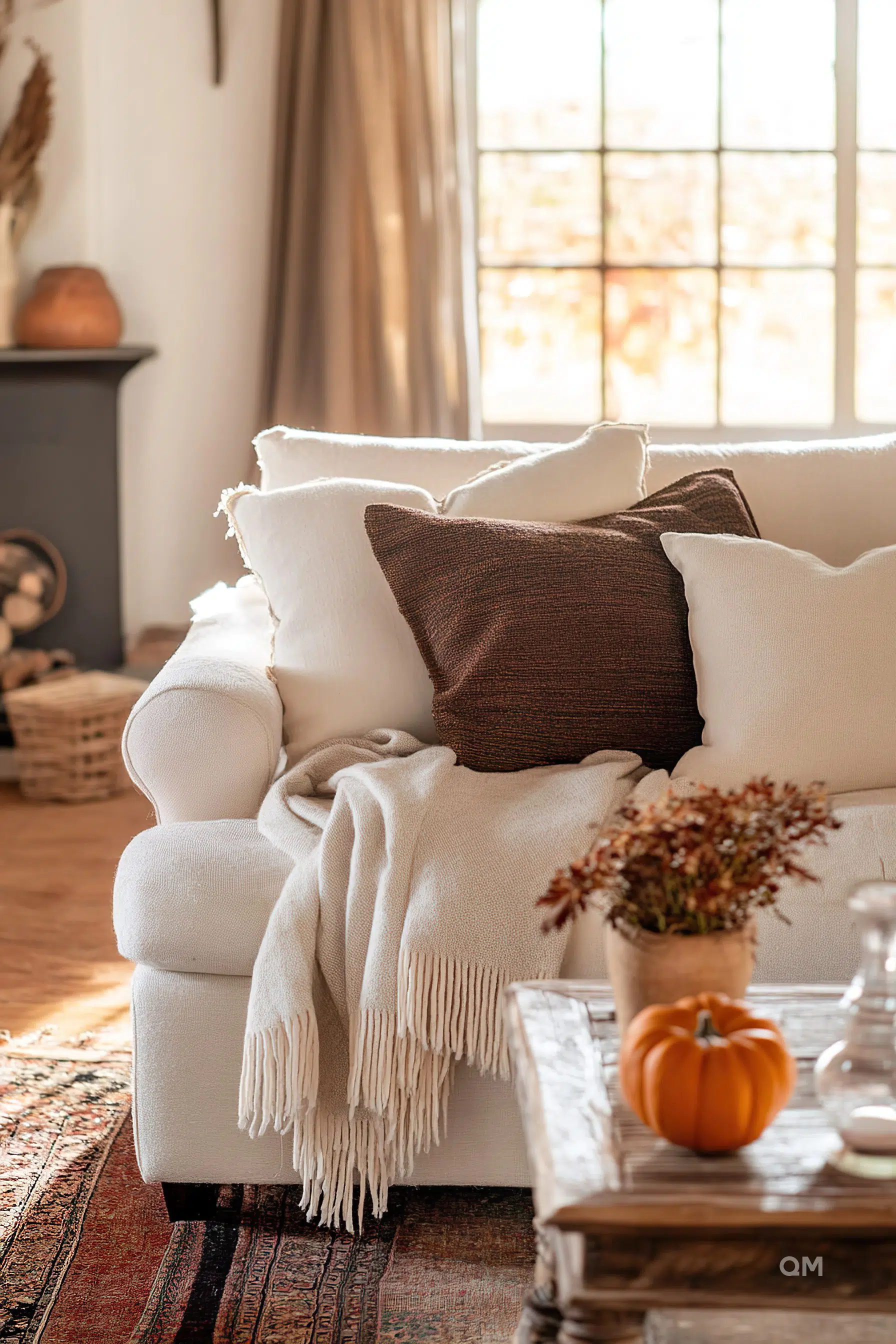A cozy living room corner with a white sofa, throw pillows, a blanket, a pumpkin on the table, and warm sunlight through the window.