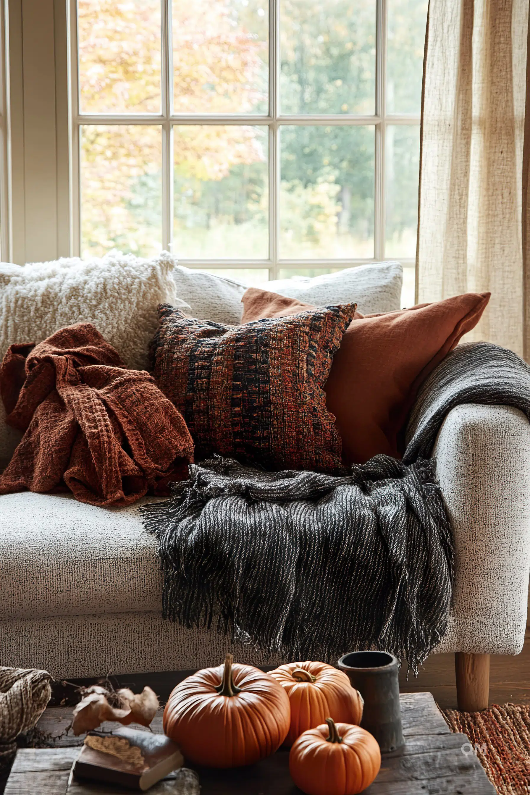 Cozy autumn-themed living room corner with a couch, colorful pillows, a throw blanket, pumpkins, and a window view of fall foliage.