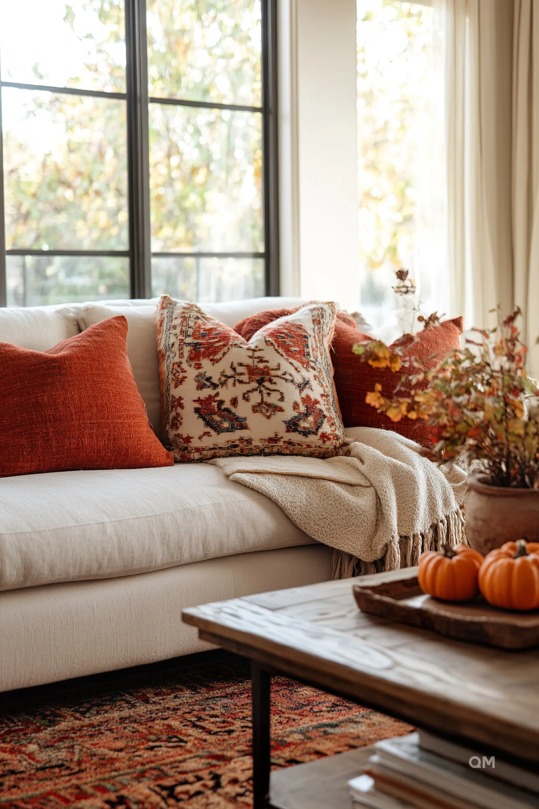 Cozy autumn-themed living room with a beige sofa, orange pillows, a throw blanket, pumpkins, and a view of trees through the window.