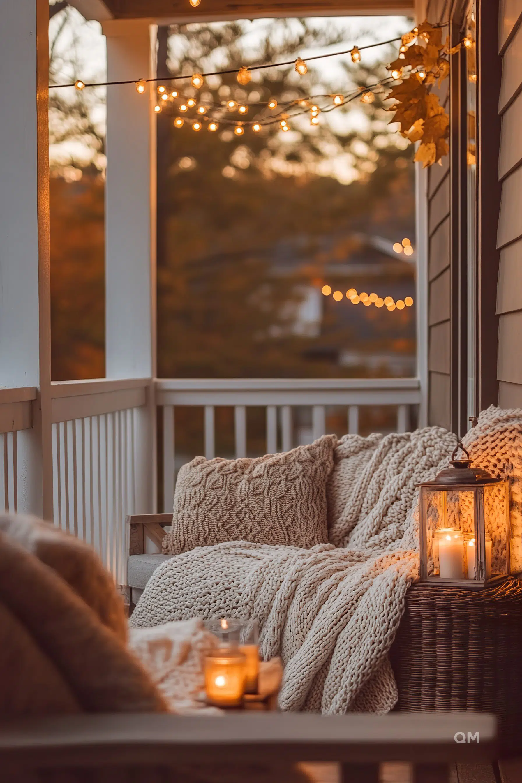 Cozy porch corner with knit blankets, a lit lantern, and twinkling string lights during twilight.