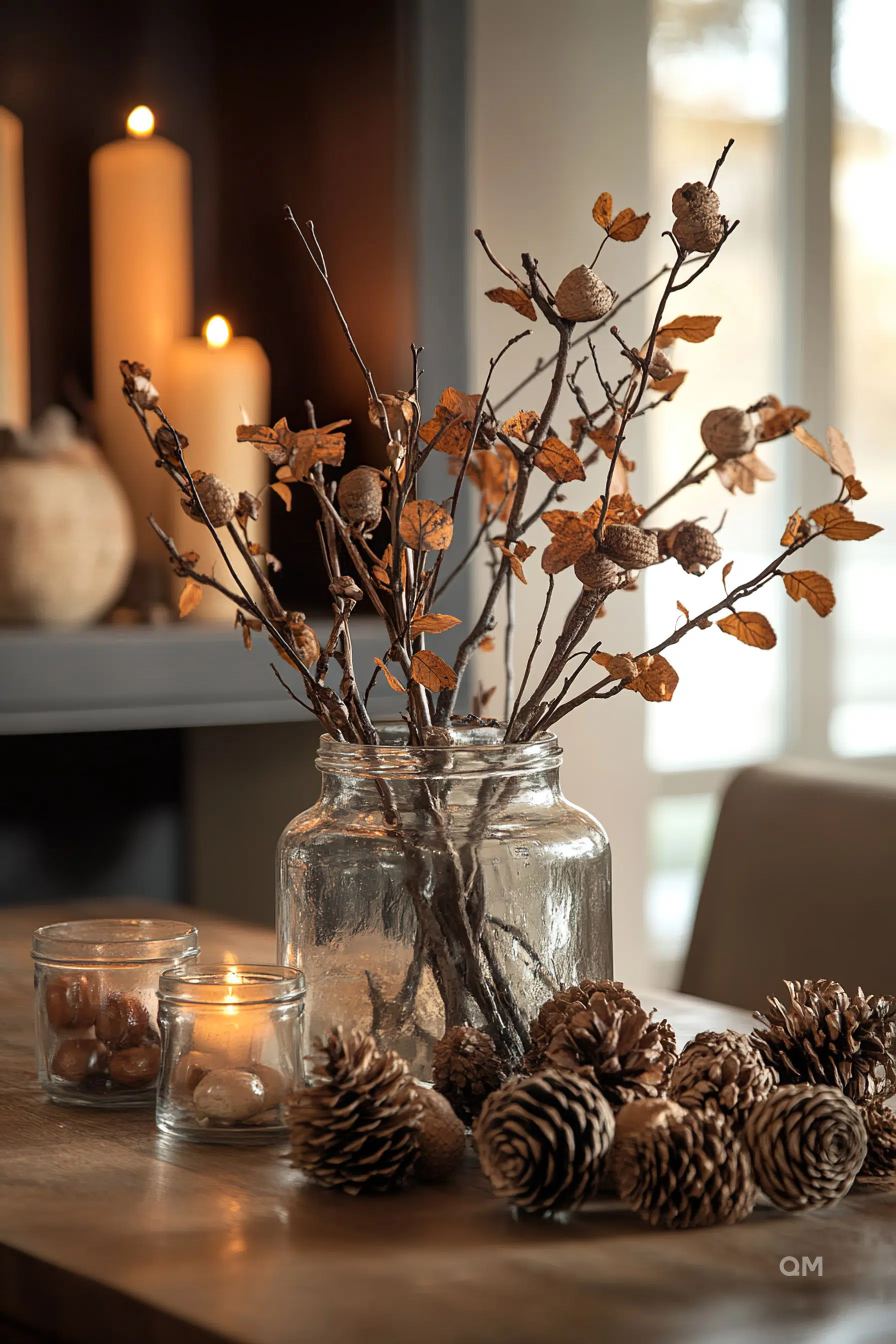 A cozy autumnal centerpiece with dried branches and leaves in a glass jar, pine cones scattered around, and lit candles in soft focus background.