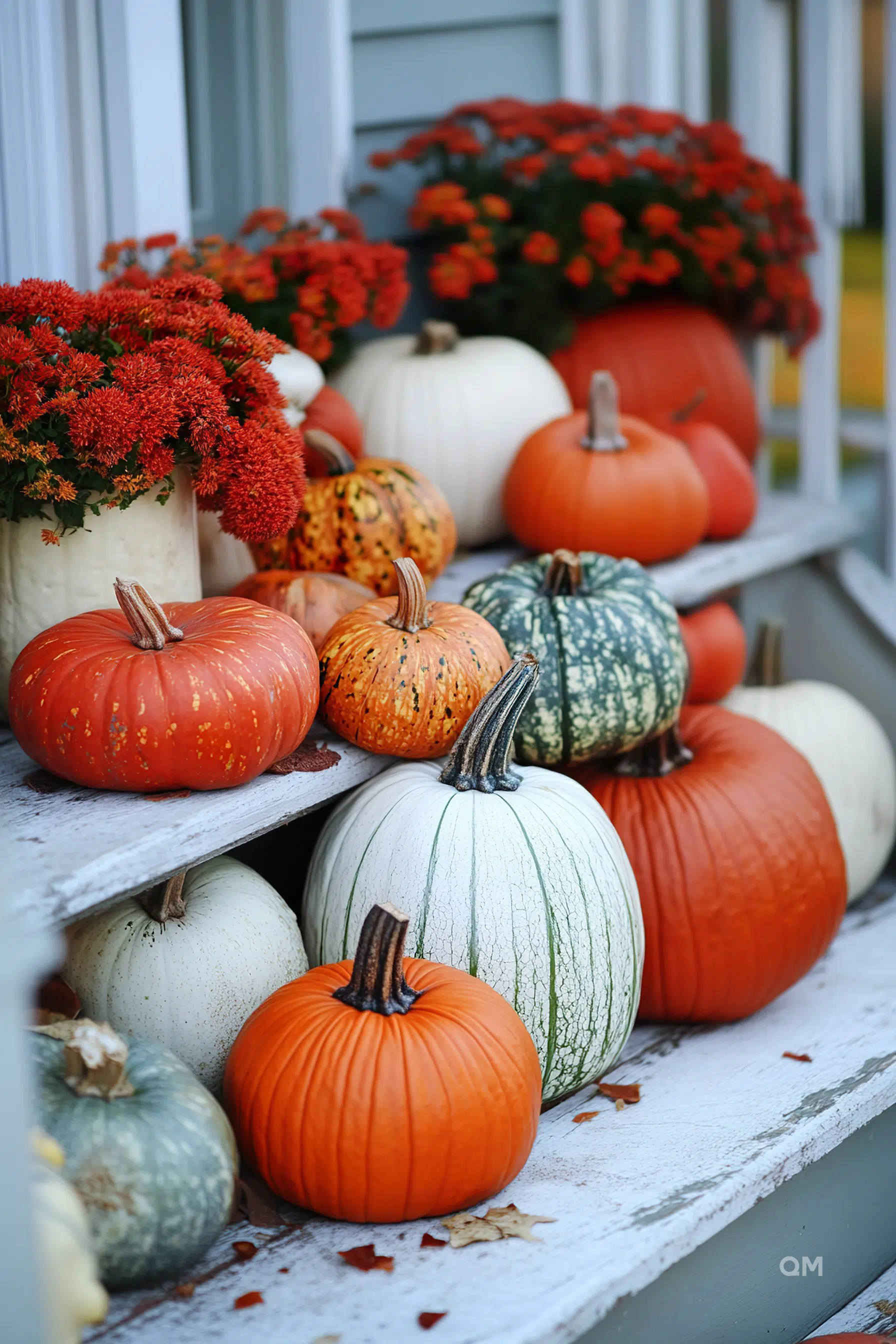 A variety of colorful pumpkins arranged on outdoor steps with red mums in a rustic setting, signaling autumn.