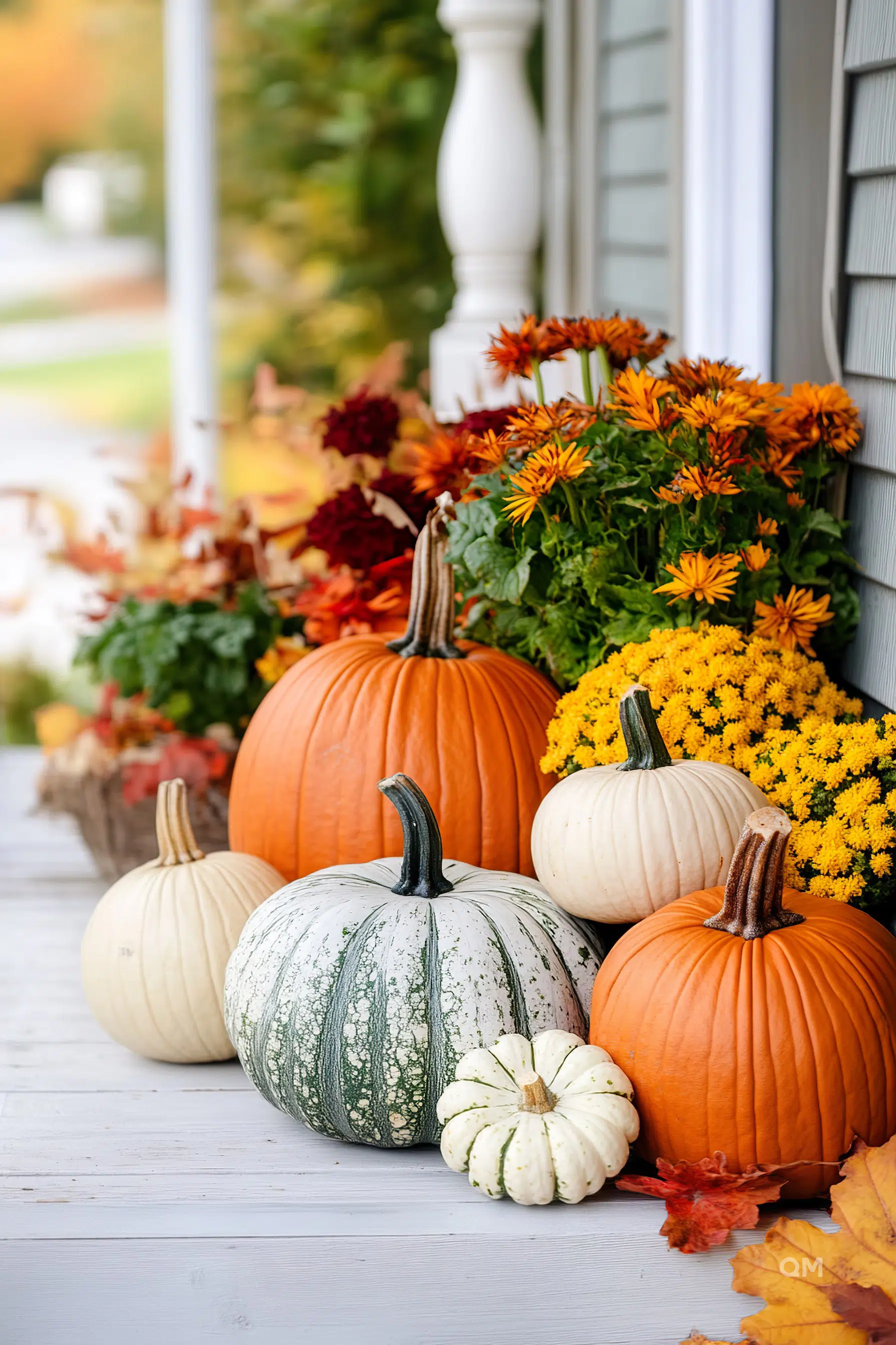 A variety of pumpkins and gourds on a porch with autumn flowers and colorful leaves, evoking a cozy fall atmosphere.