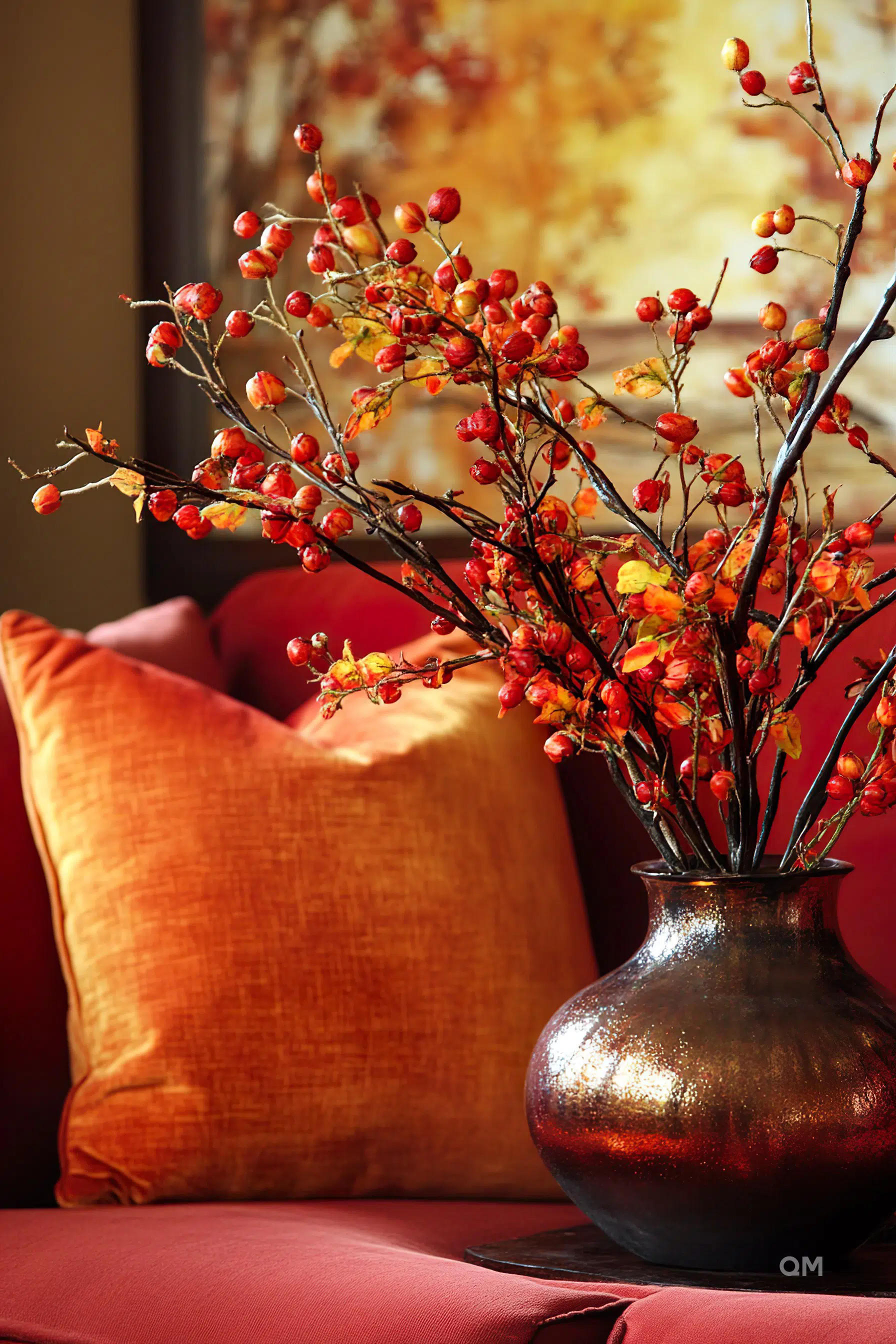 A warm-toned cozy corner with red berries in a dark vase, an orange pillow, and a red sofa, with a soft-focus art piece in the background.