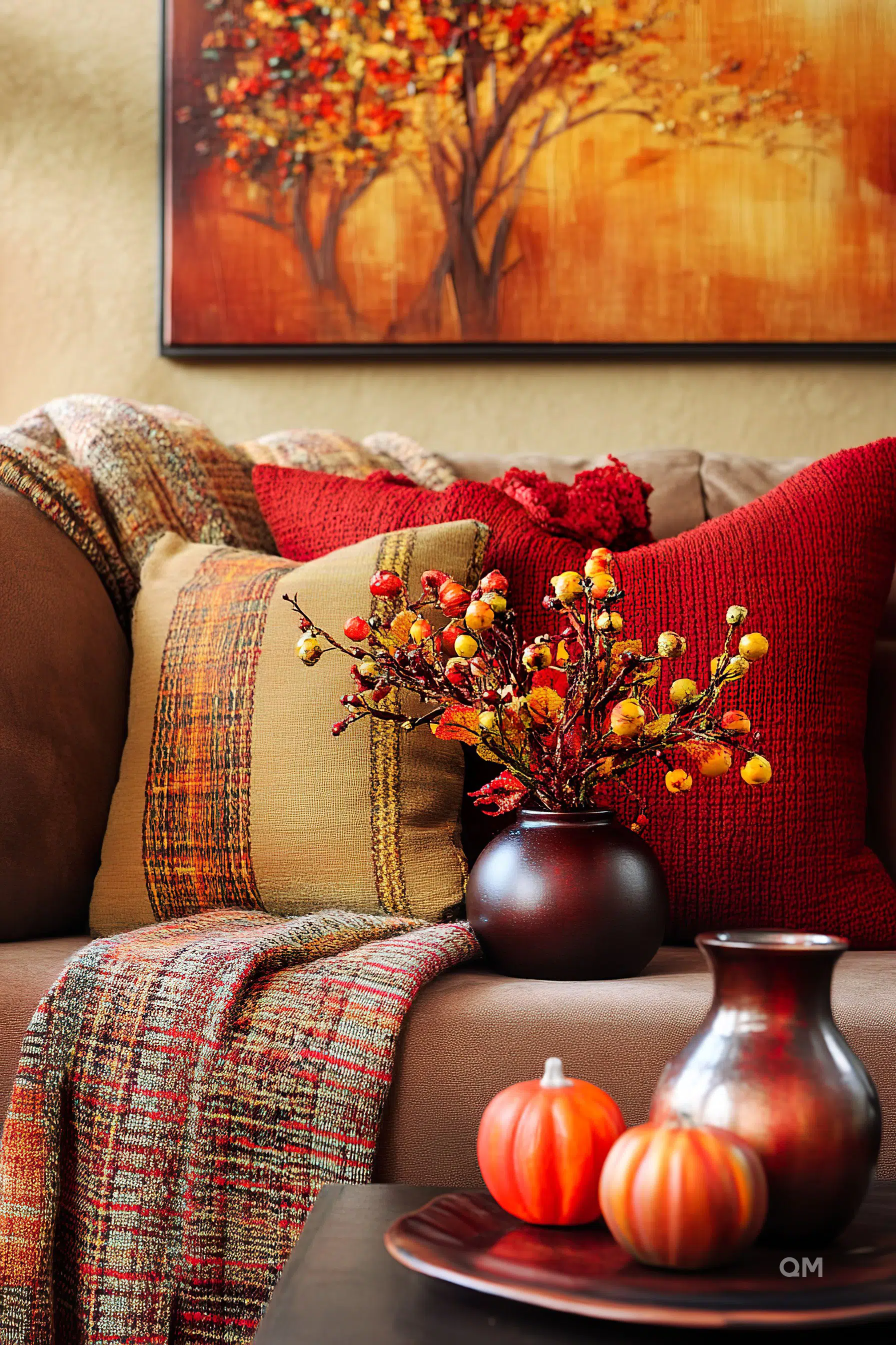 Cozy autumn-themed living room corner with decorative pillows, a knit throw blanket, fall foliage in a vase, and pumpkin accents.