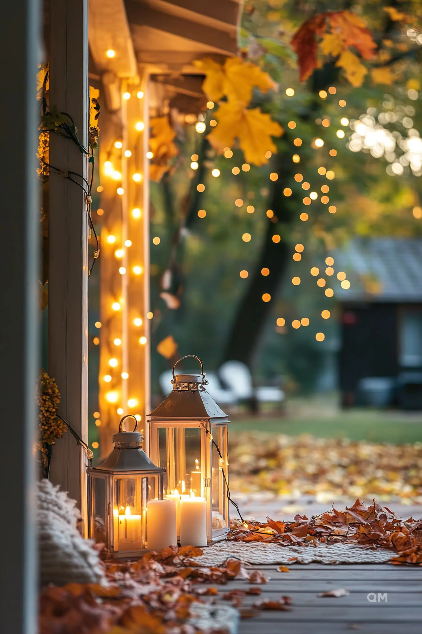 Cozy autumn evening with lit candles in lanterns on a porch, string lights, and scattered leaves on the ground.