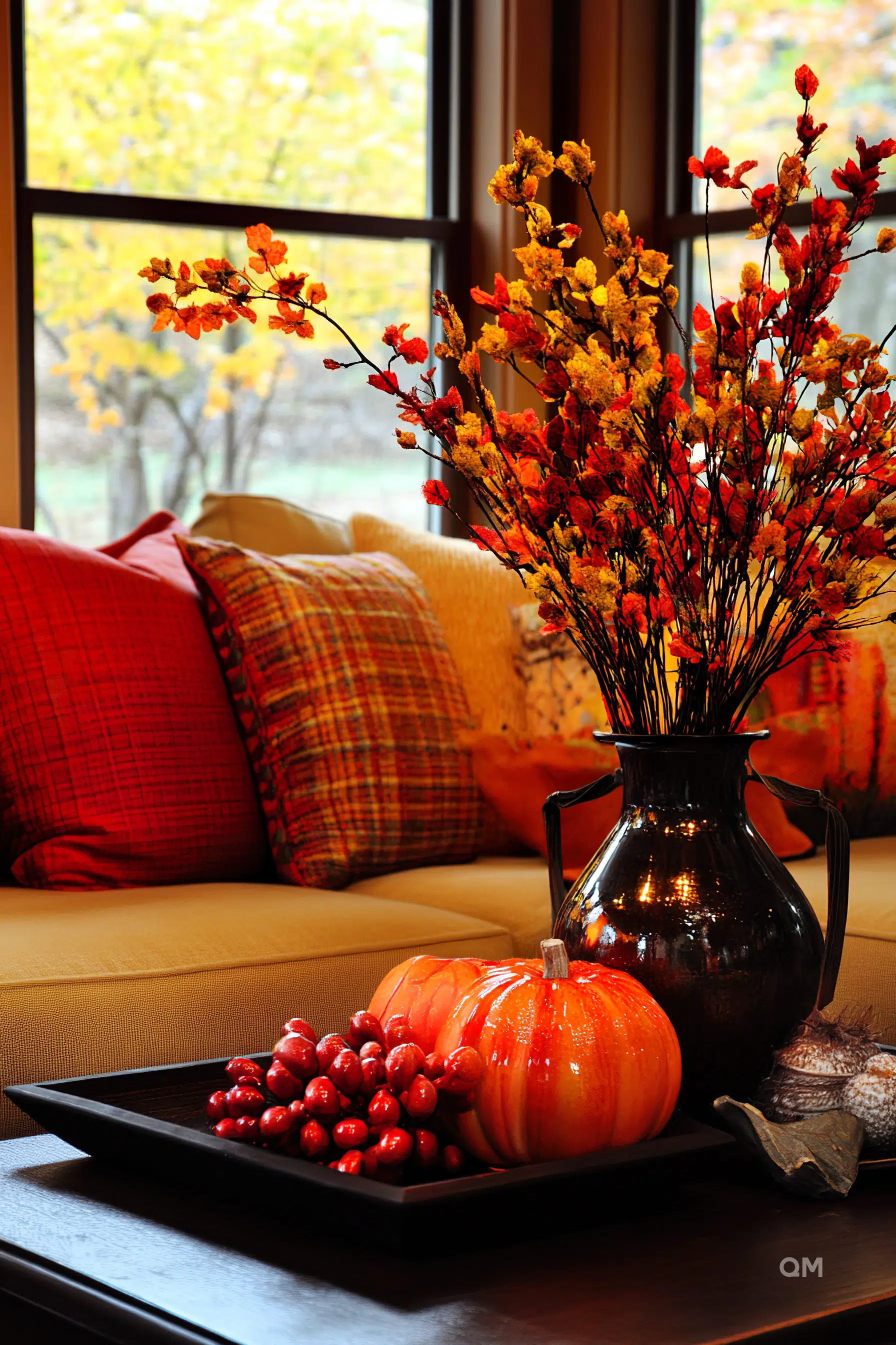 A cozy autumnal living room with a vibrant display of fall foliage in a vase, pumpkins, and seasonal decor, with a view of trees through the window.