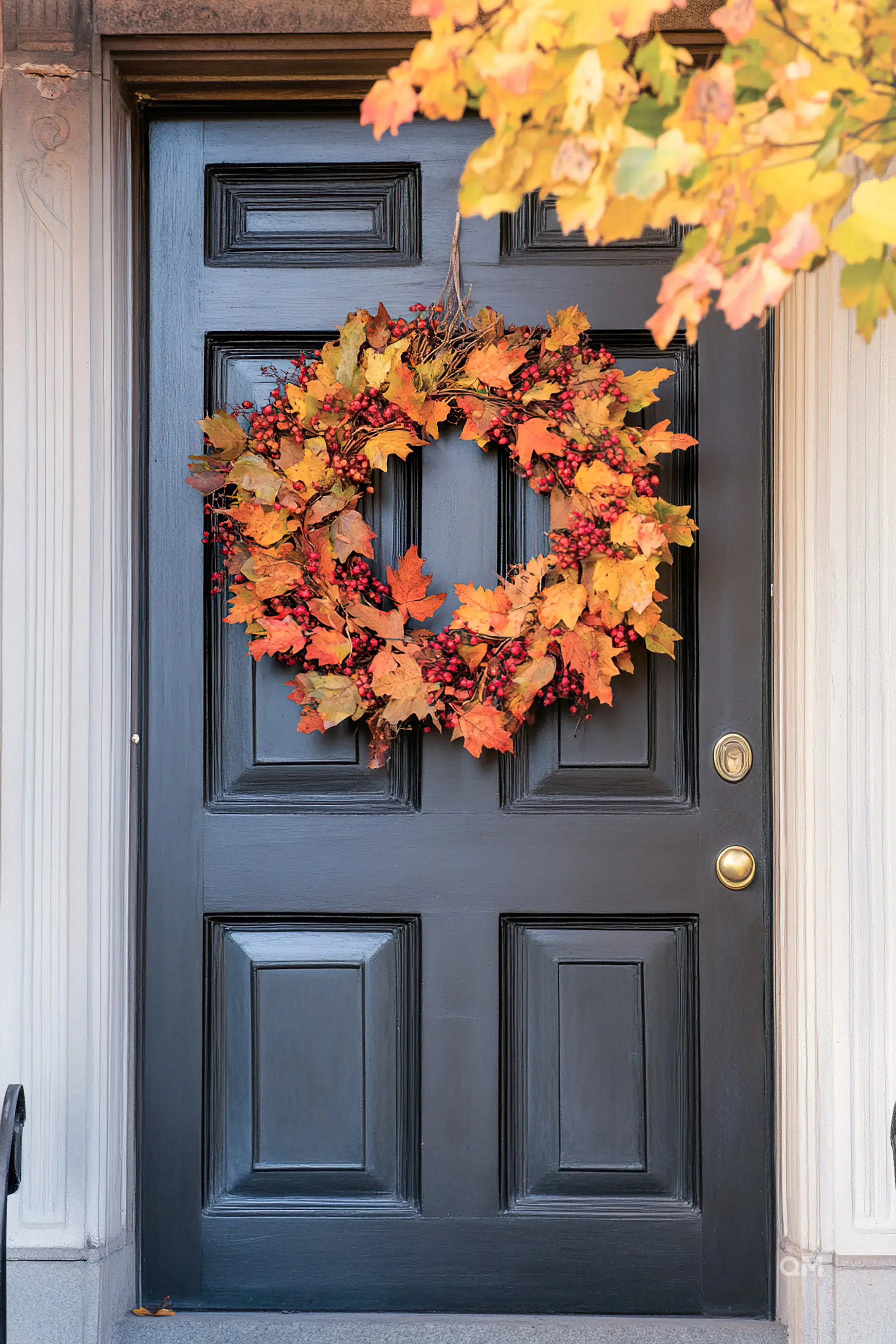 A dark wooden door adorned with a colorful autumn wreath featuring red berries and golden leaves, framed by yellow foliage.