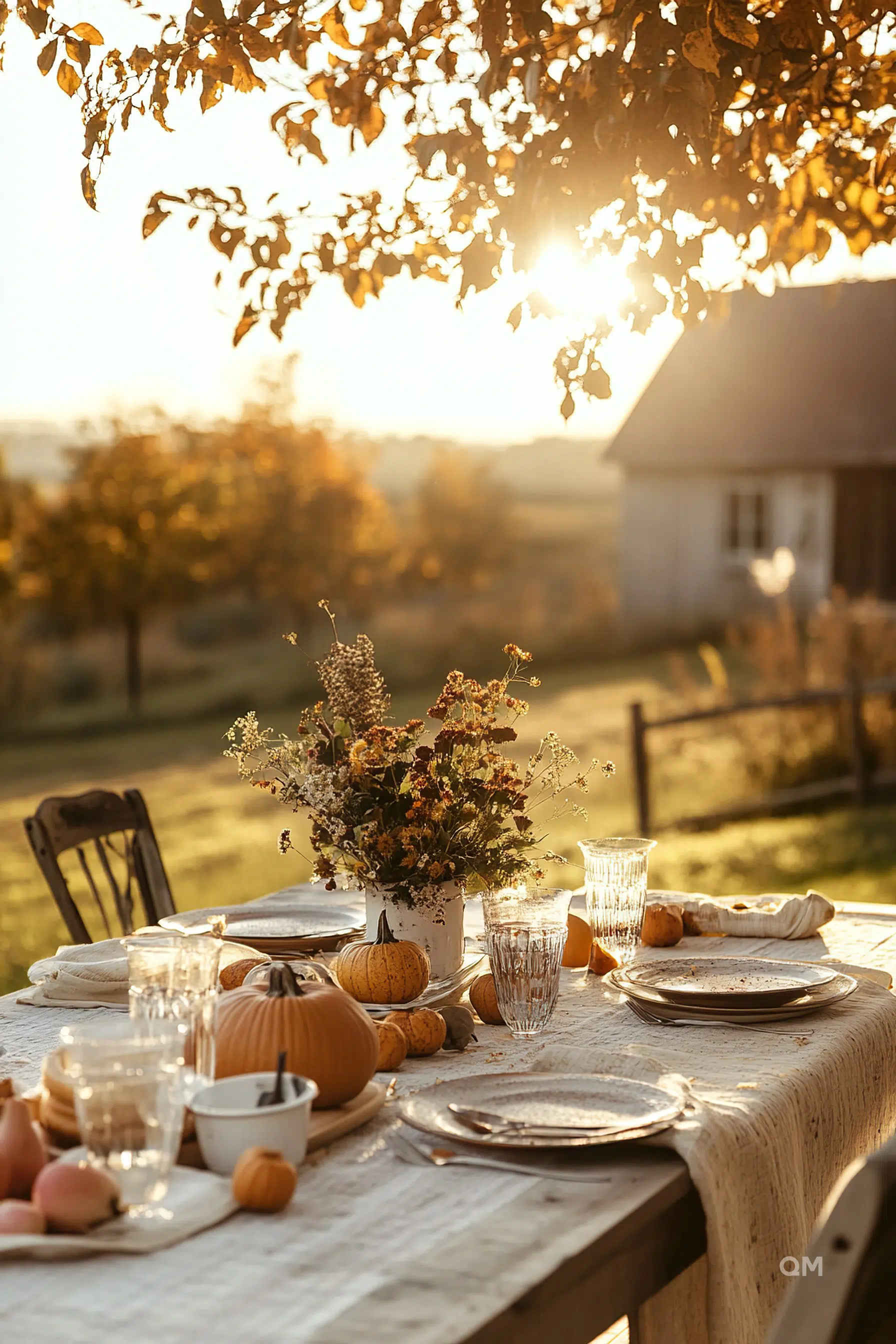 ALT: An autumnal outdoor table setting at sunset with plates, glasses, and a vase of wildflowers, accented by pumpkins and falling leaves.