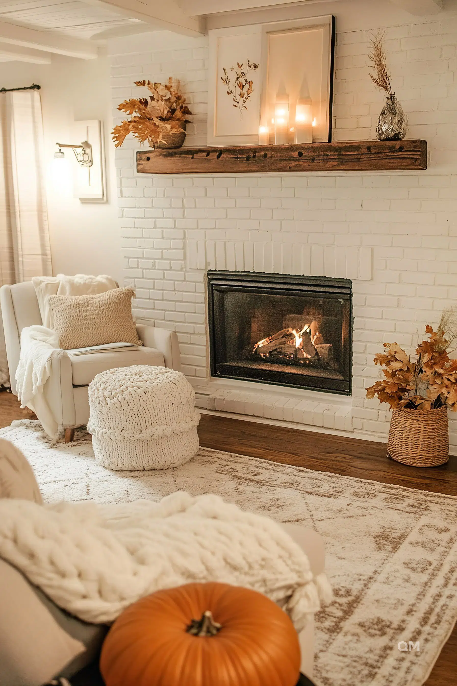 Cozy living room with a lit fireplace, white brick wall, autumn decorations, and a large pumpkin on the floor.