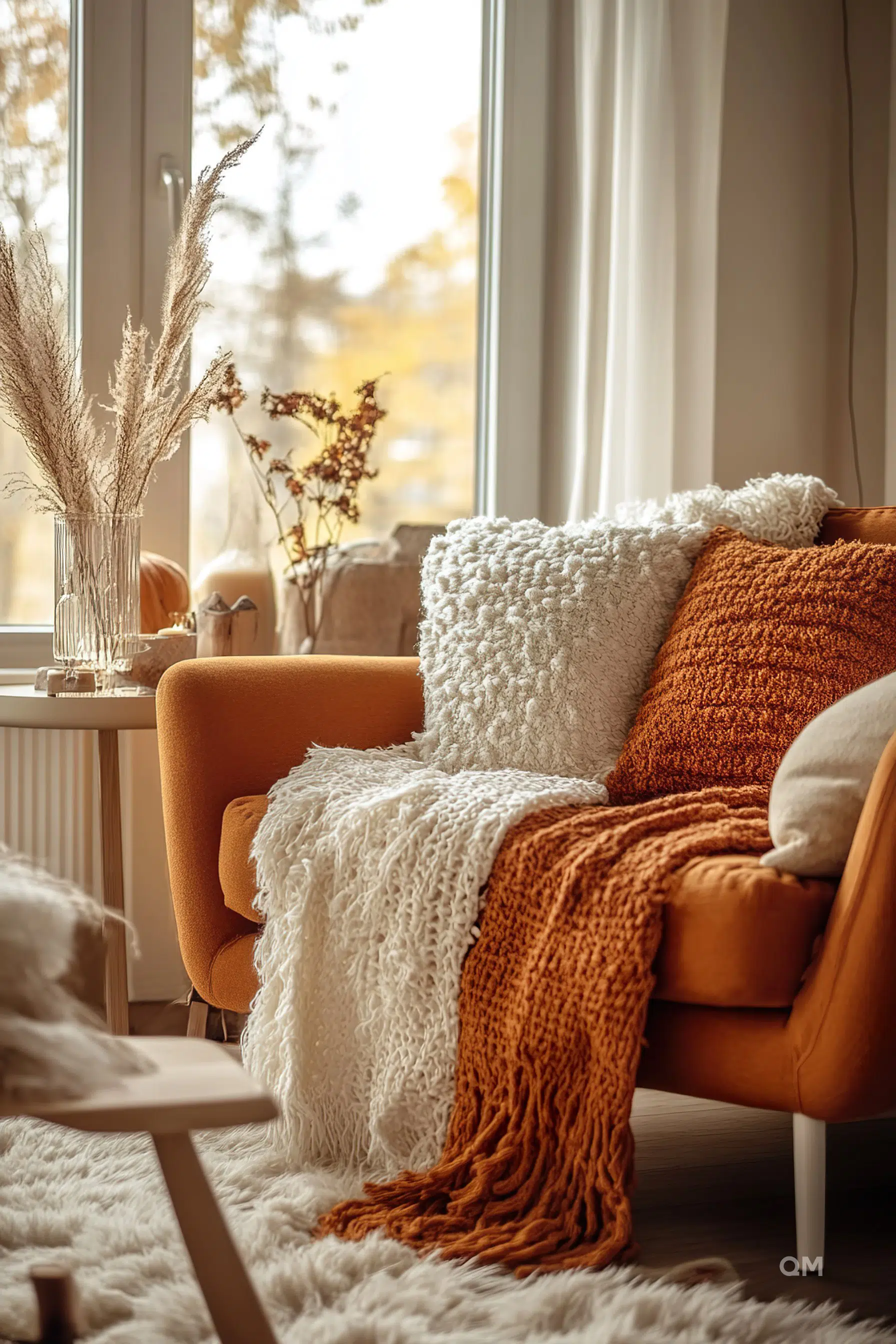 A cozy autumn-inspired interior with a warm orange armchair draped with a knitted throw and a fluffy white cushion, near a window with fall trees outside.
