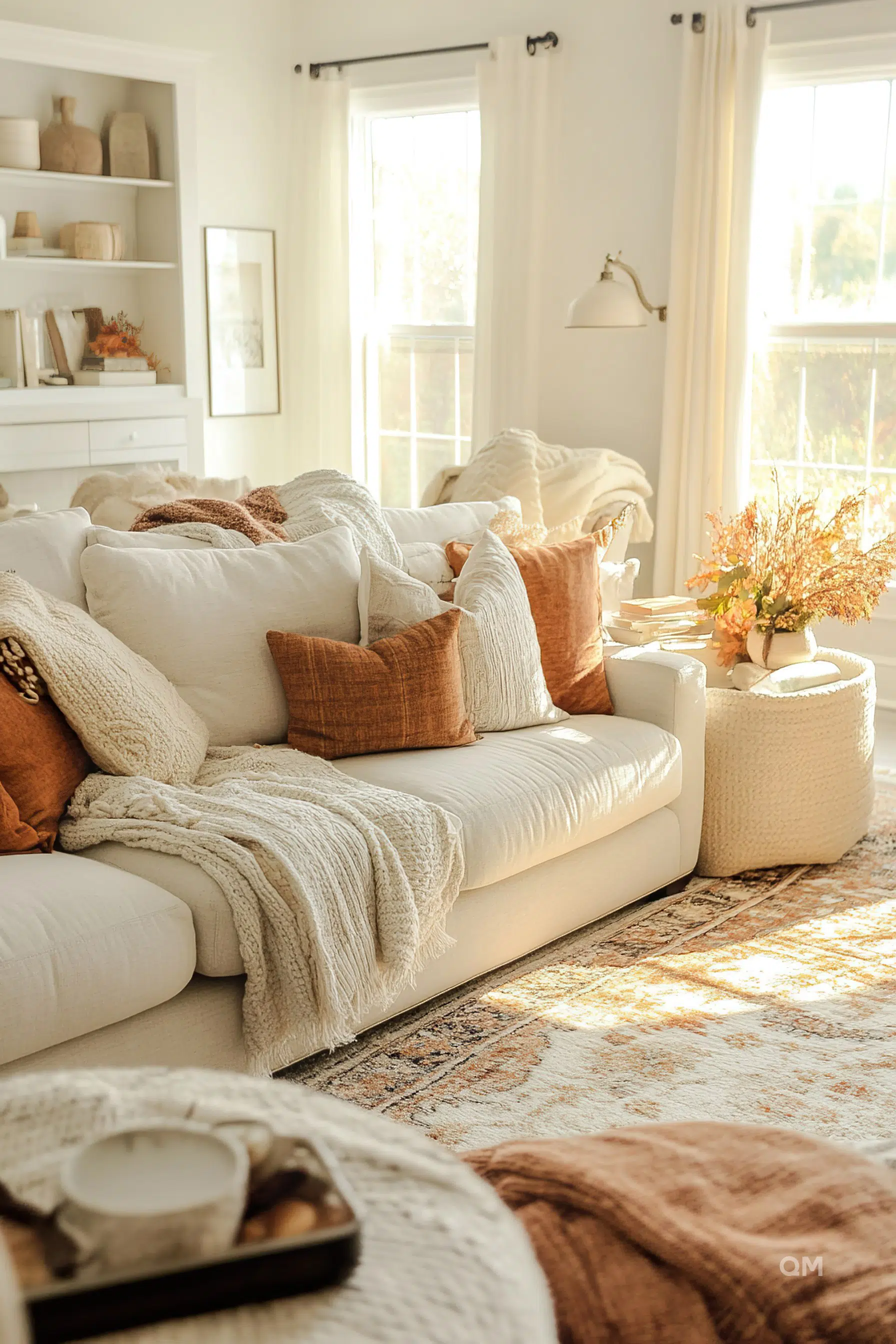 Cozy living room with a white sofa filled with cushions, knit blankets, and warm sunlight streaming in through the window.