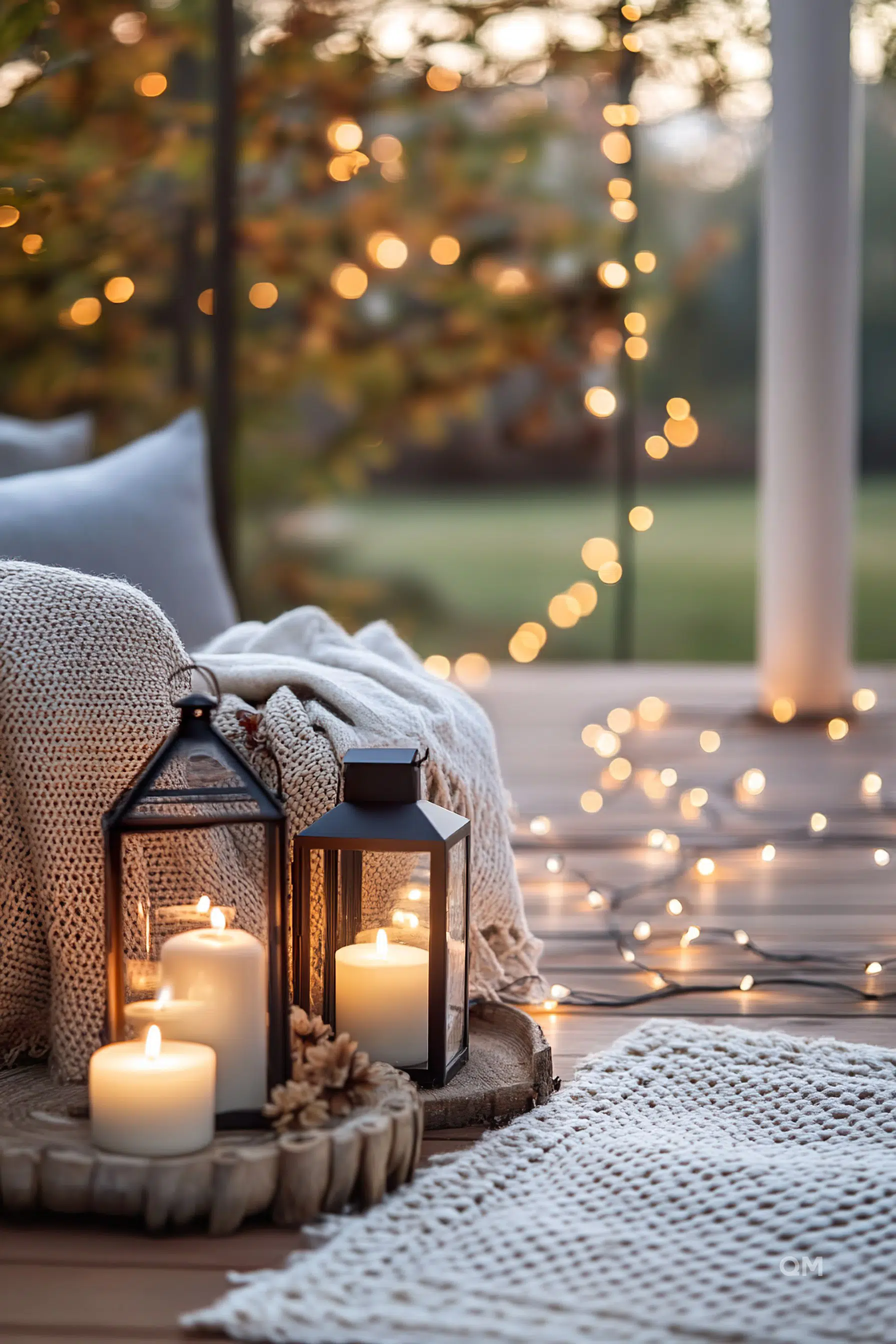 Cozy outdoor setting with candles inside lanterns, fairy lights, and a knit blanket on a wooden deck at twilight.