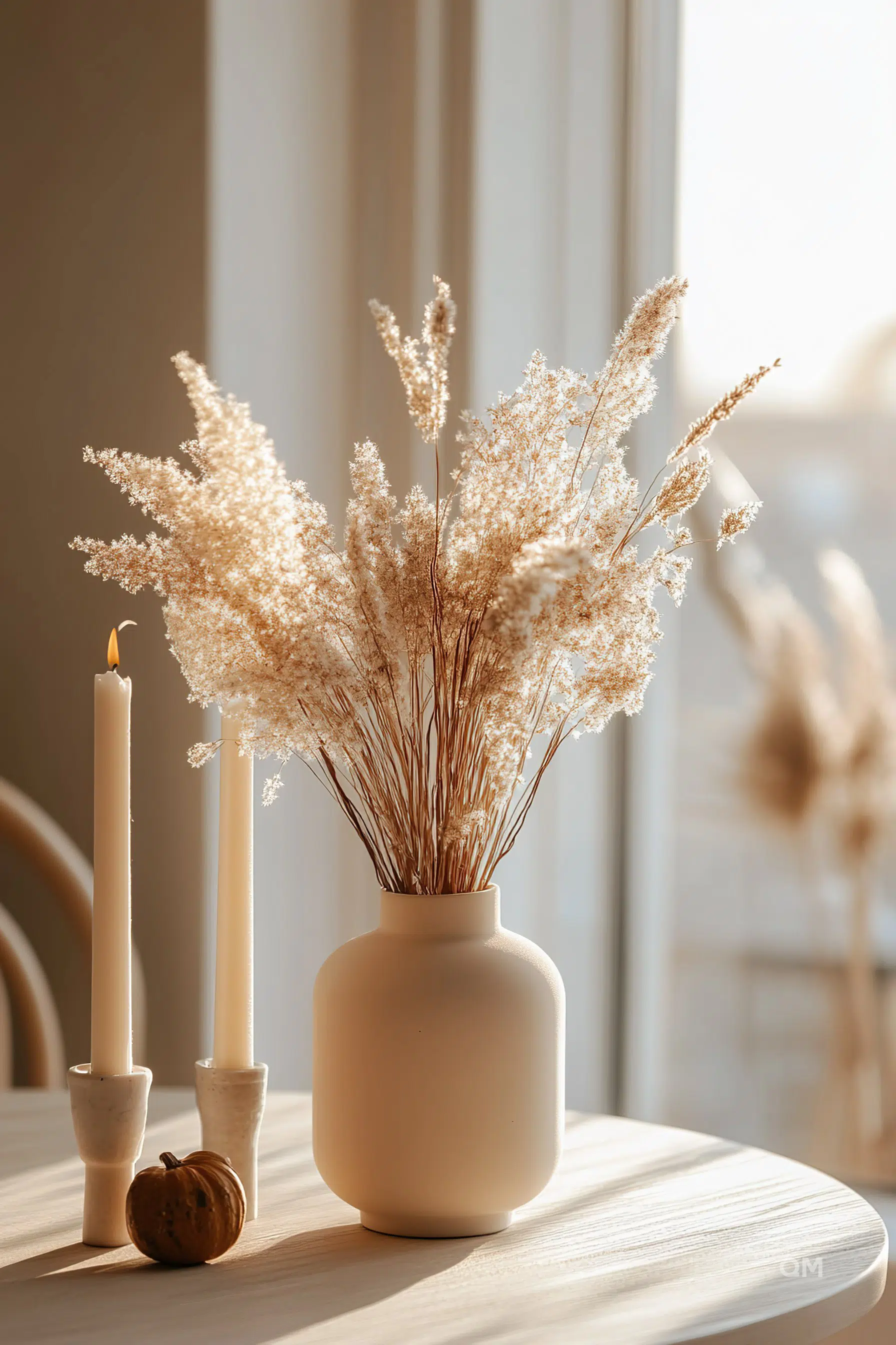 A warm-lit room featuring a vase with dried pampas grass, flanked by two tapered candles and a small decorative pumpkin on a wooden table.
