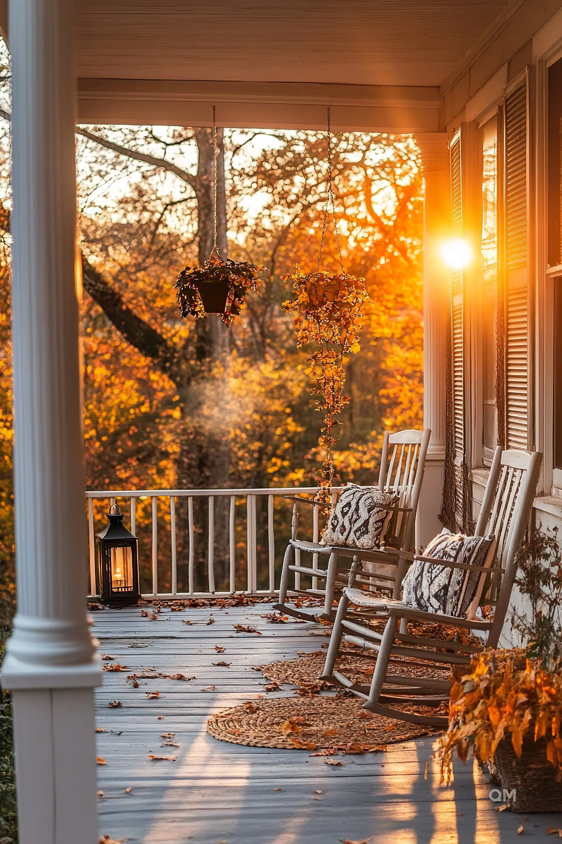 ALT: A cozy porch at sunset with rocking chairs, fallen leaves, hanging plants, and a lantern, evoking an autumnal atmosphere.