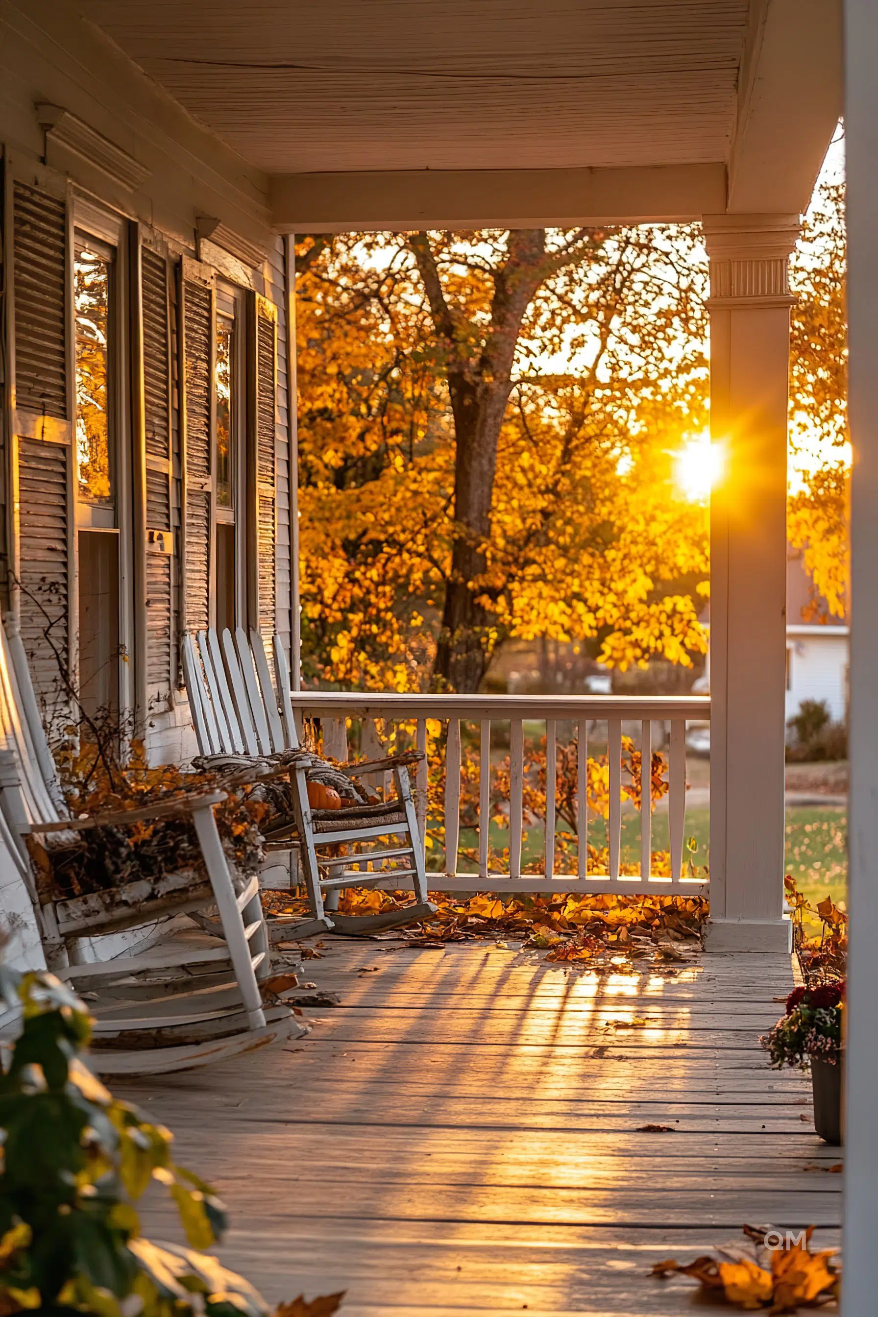 Sunset casts golden light through autumn leaves, illuminating a porch with rocking chairs and fallen leaves.