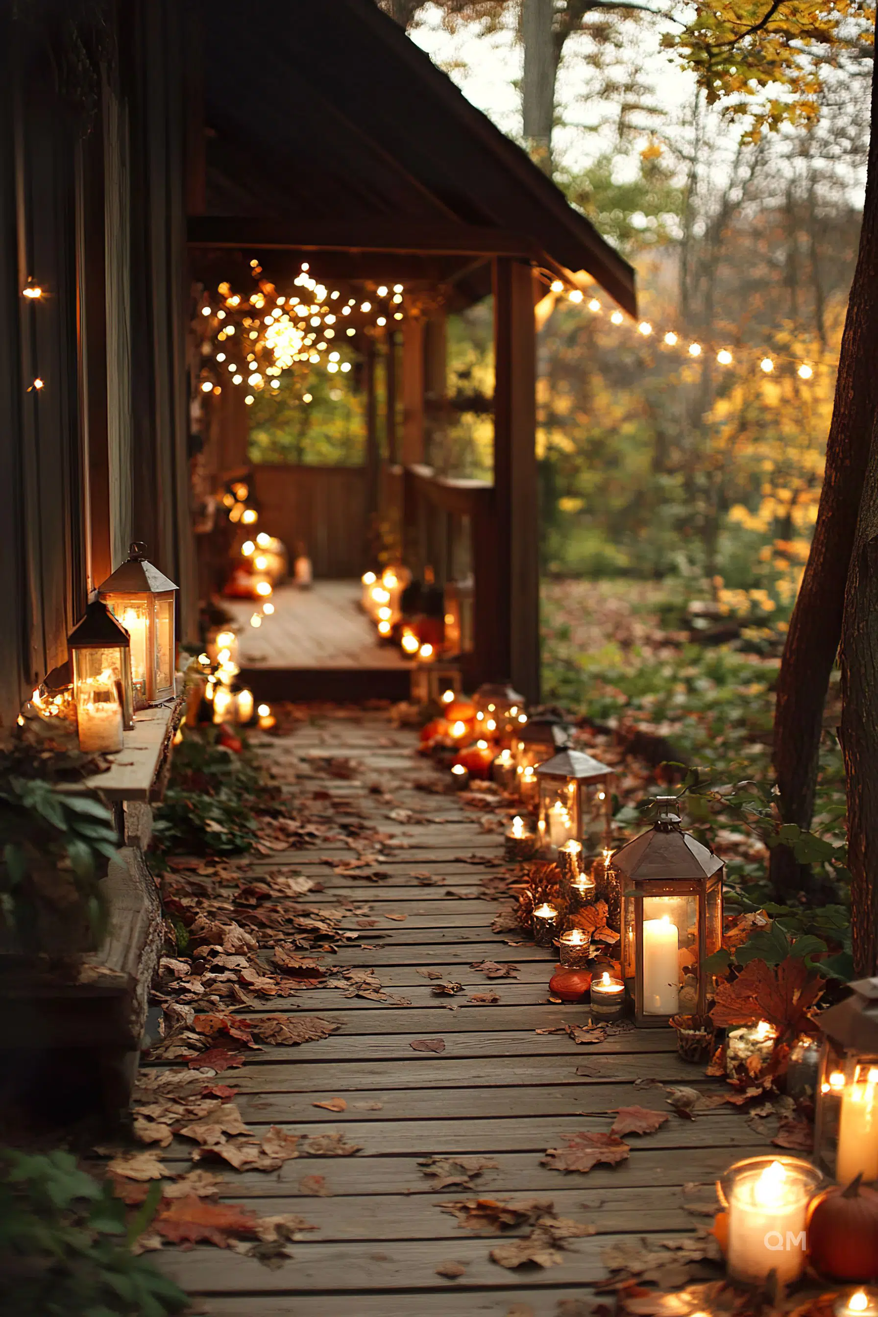 A wooden walkway adorned with glowing lanterns and fairy lights, surrounded by autumn leaves at twilight.