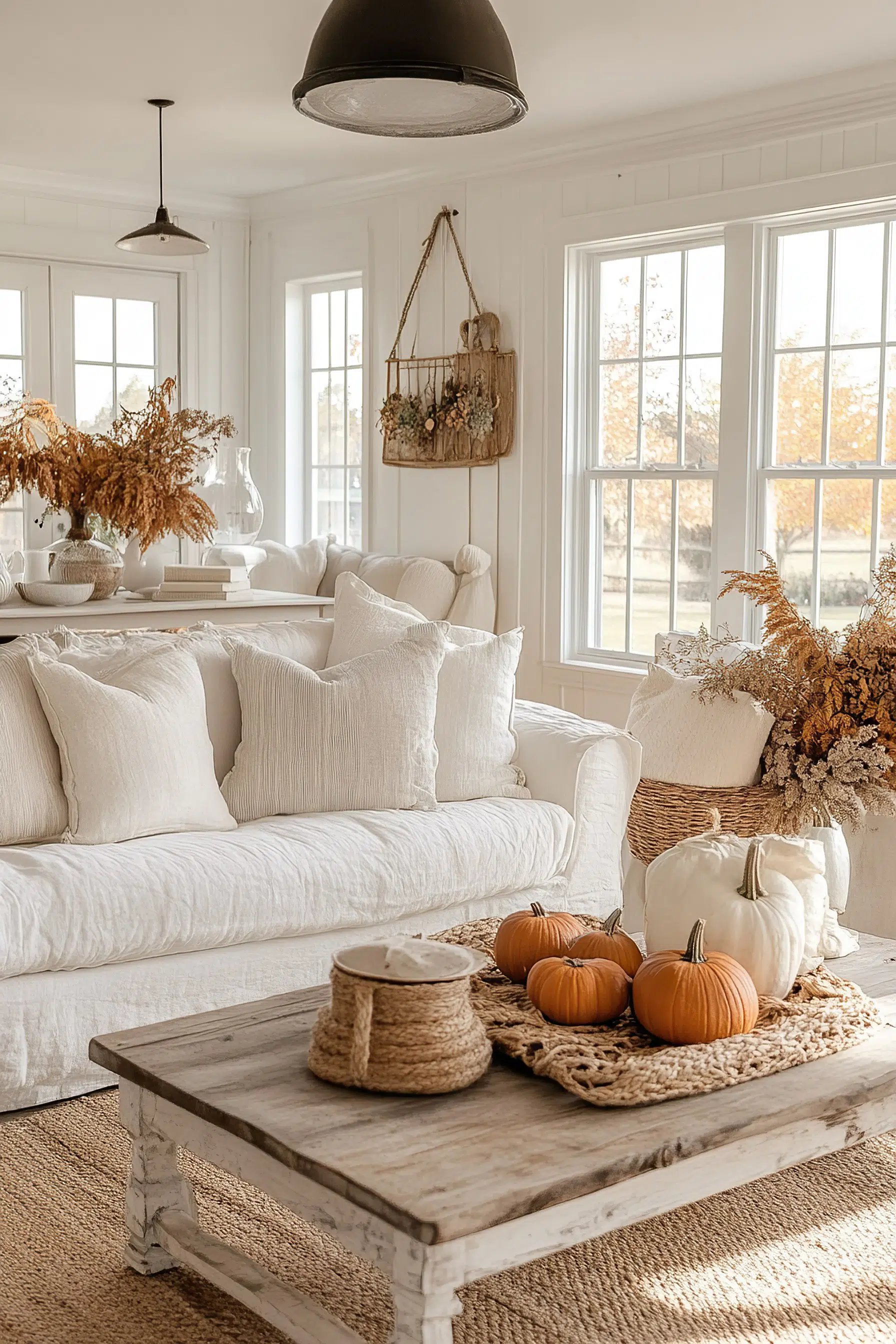 Cozy living room with white sofa, rustic coffee table adorned with pumpkins, and autumnal decor, bathed in warm sunlight.