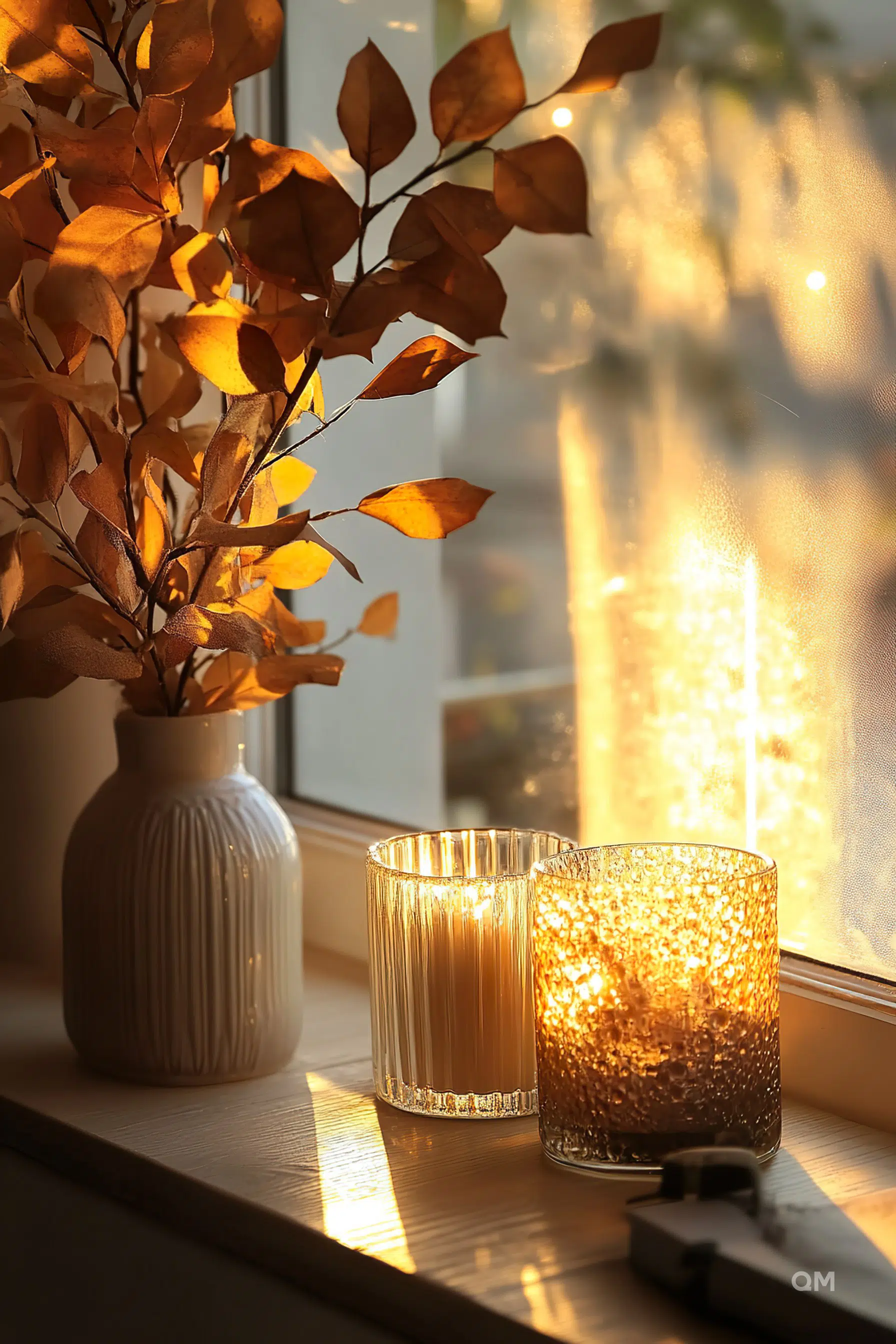 Warm sunlight shining through a window illuminates a vase with dried leaves and two decorative candles on a wooden sill.