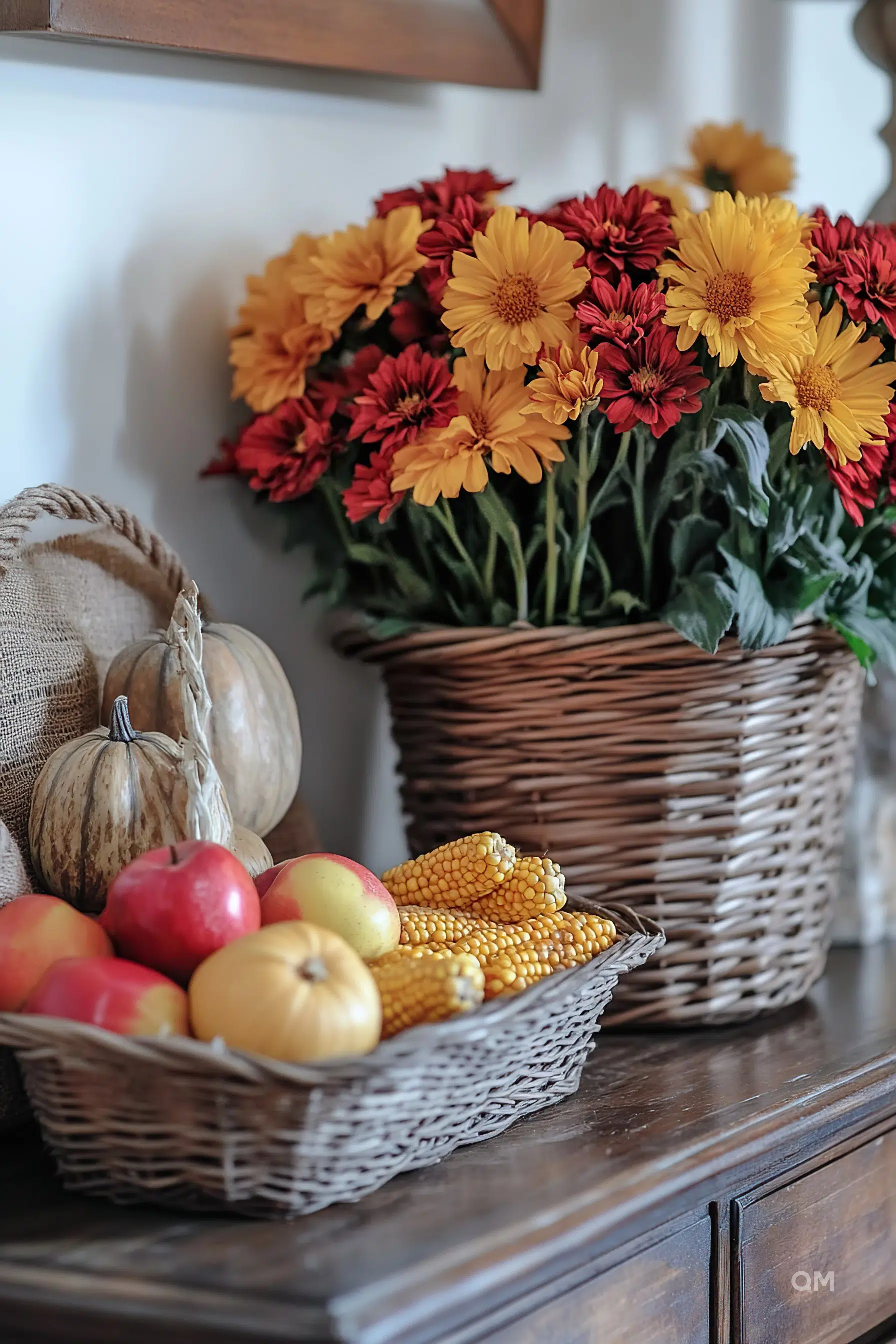 ALT: Two wicker baskets on a wooden surface, one with autumnal flowers in red and yellow, the other with apples, gourds, and corn cobs.