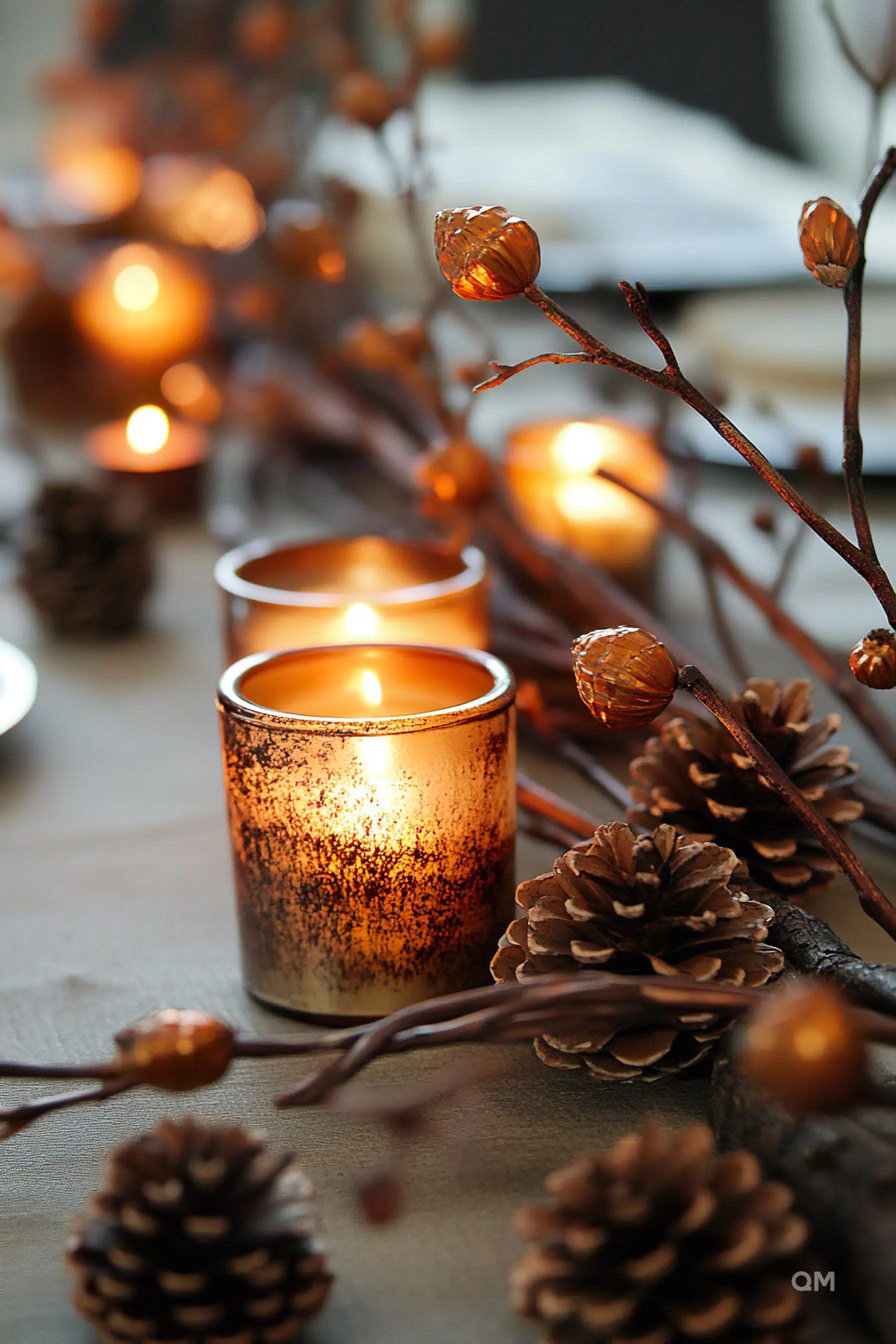 Candles glowing amidst pine cones and branches, creating a warm, festive ambiance.