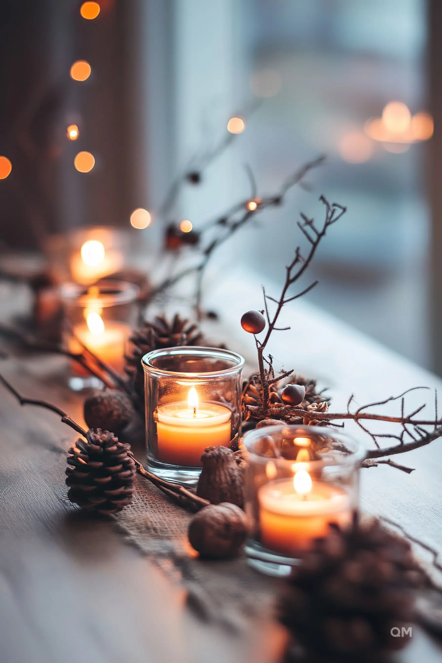 Cozy autumnal setup with lit candles in glass holders, pine cones, and berries on a wooden surface, giving a warm and festive vibe.