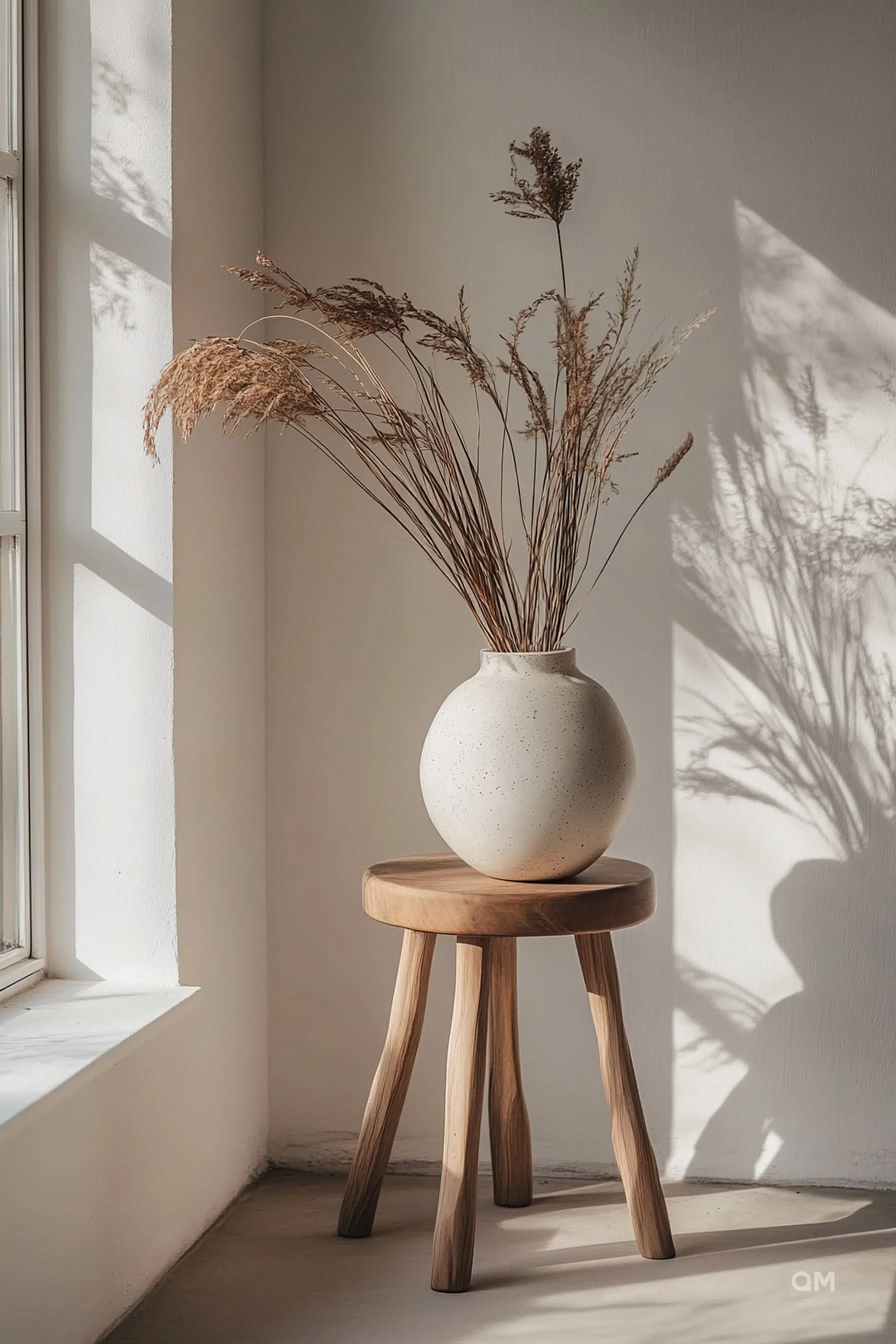A textured vase with dried plants on a wooden stool beside a window casting shadows on a light wall.