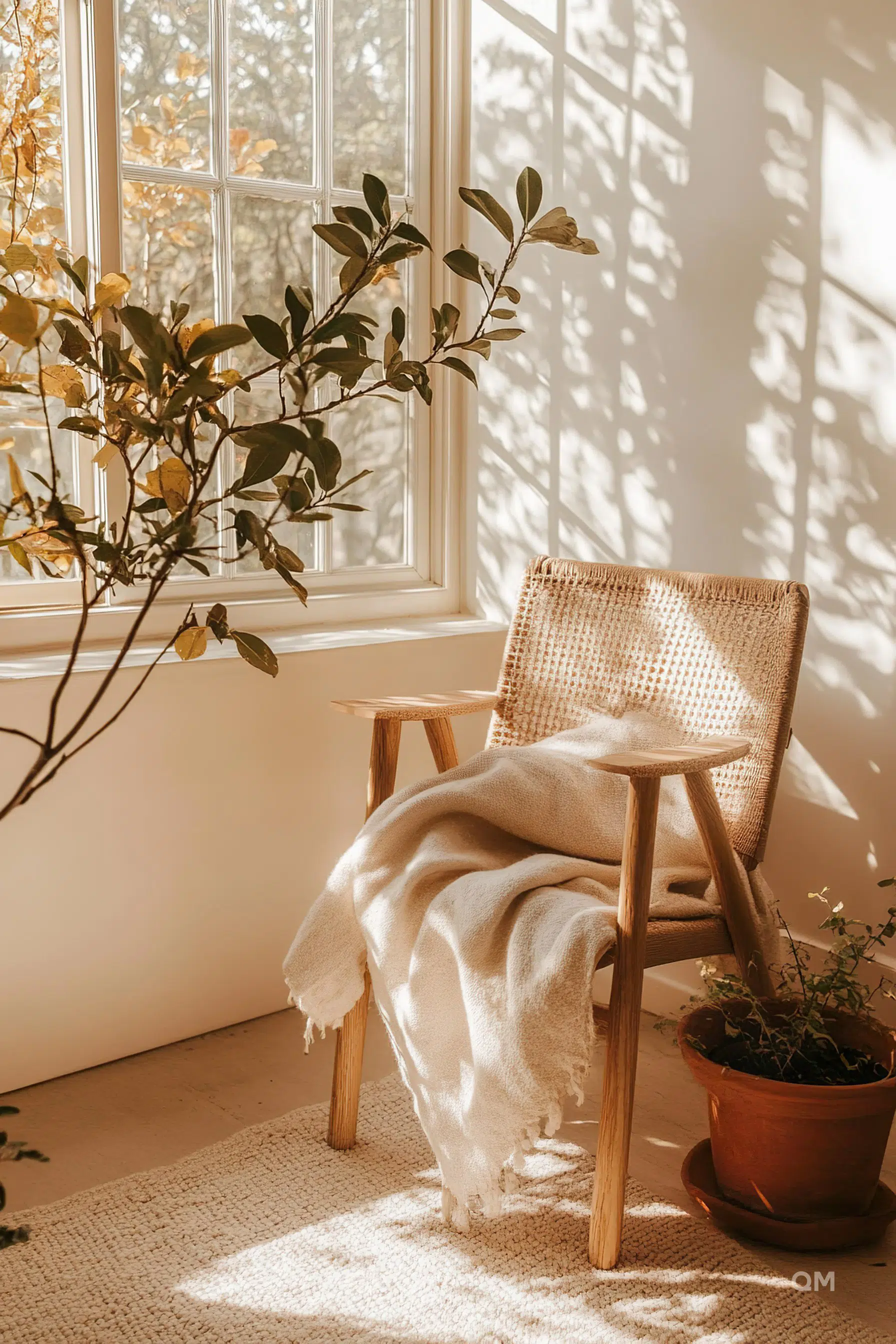 A cozy corner with a wicker chair, a cream throw, and a potted plant basking in the warm sunlight filtering through a window.