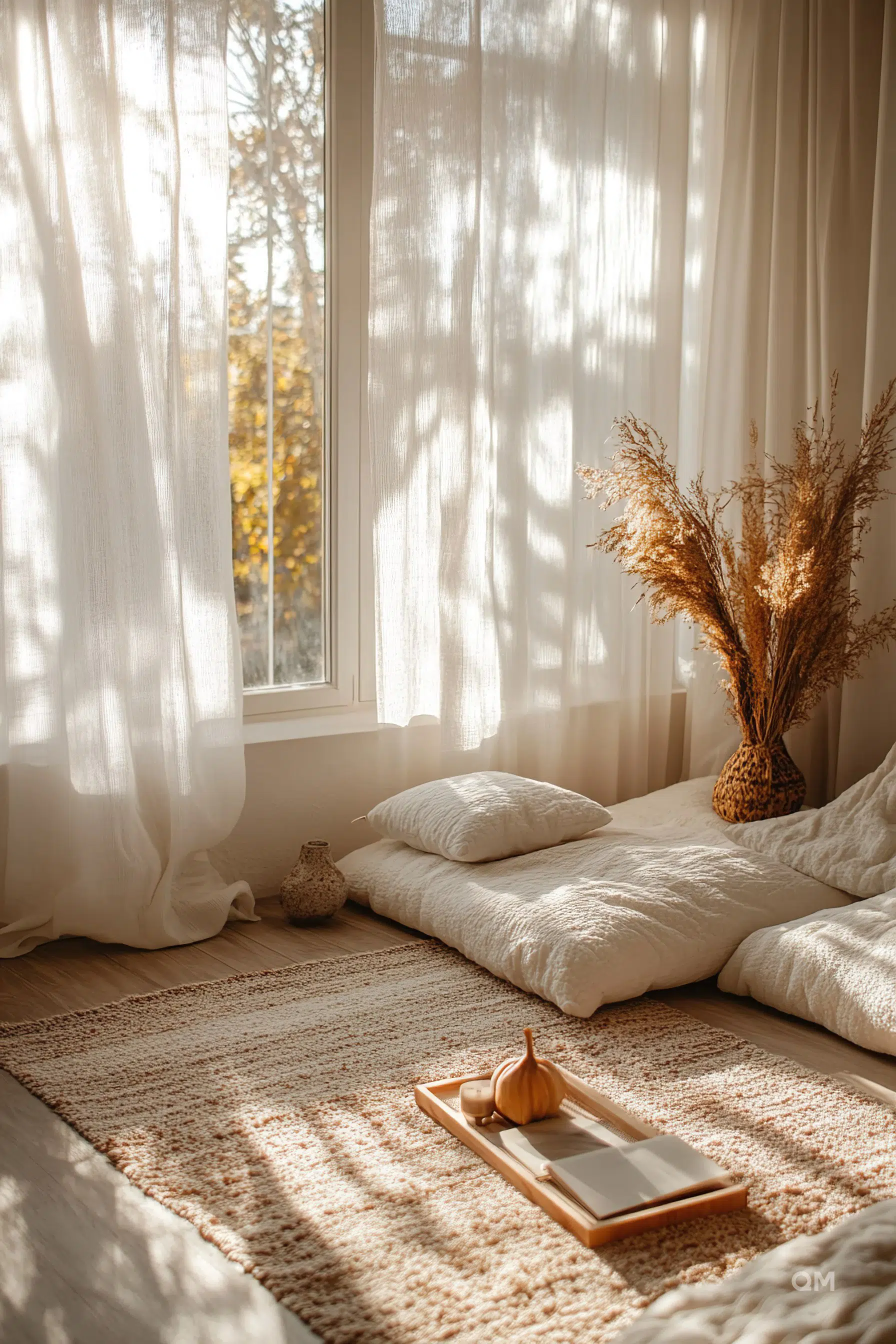 Cozy bedroom corner with a low bed, white linens, sheer curtains, and warm sunlight filtering through the window.