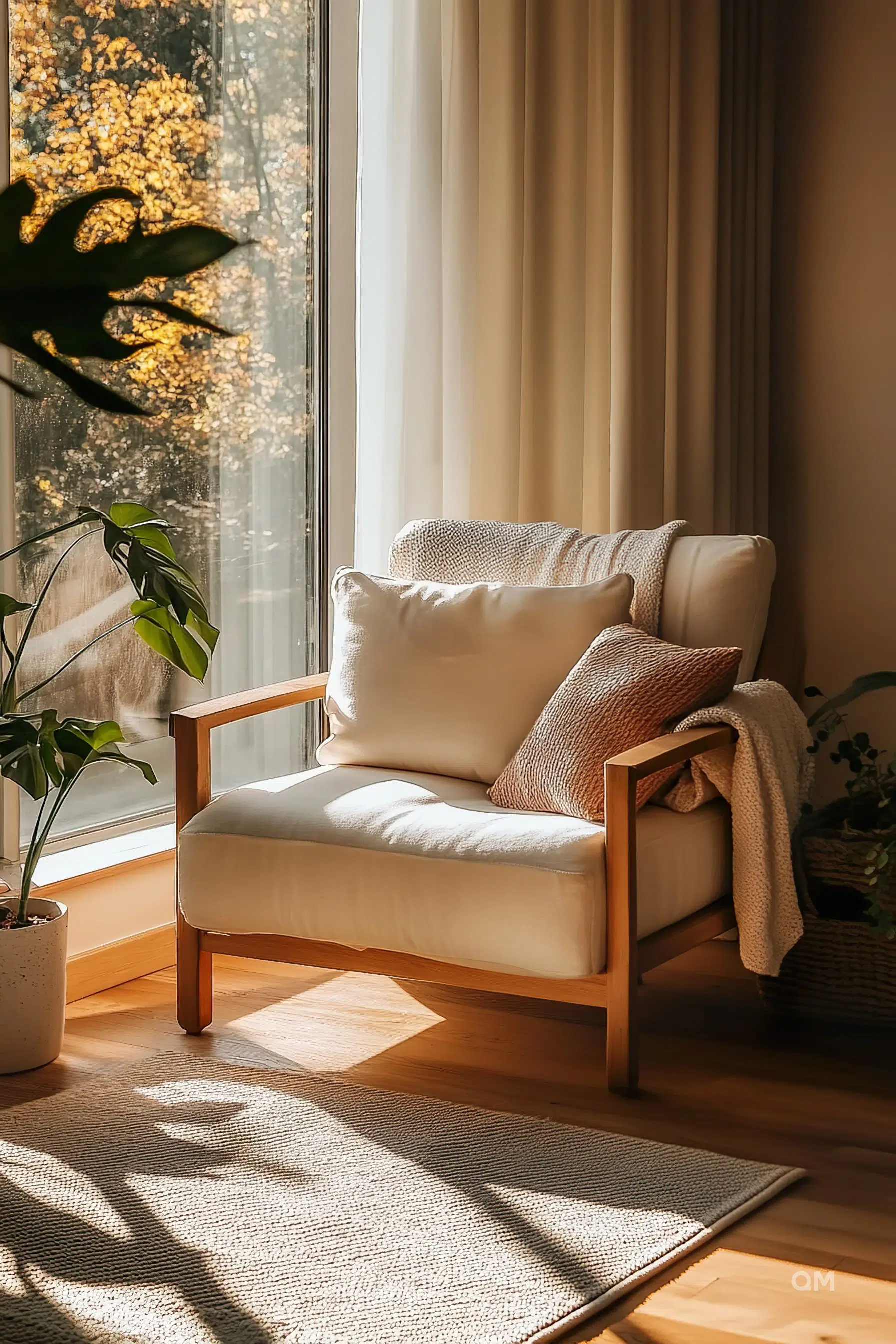 Cozy home interior with a modern armchair, knitted throw, and potted plant near a sunlit window with autumn trees outside.