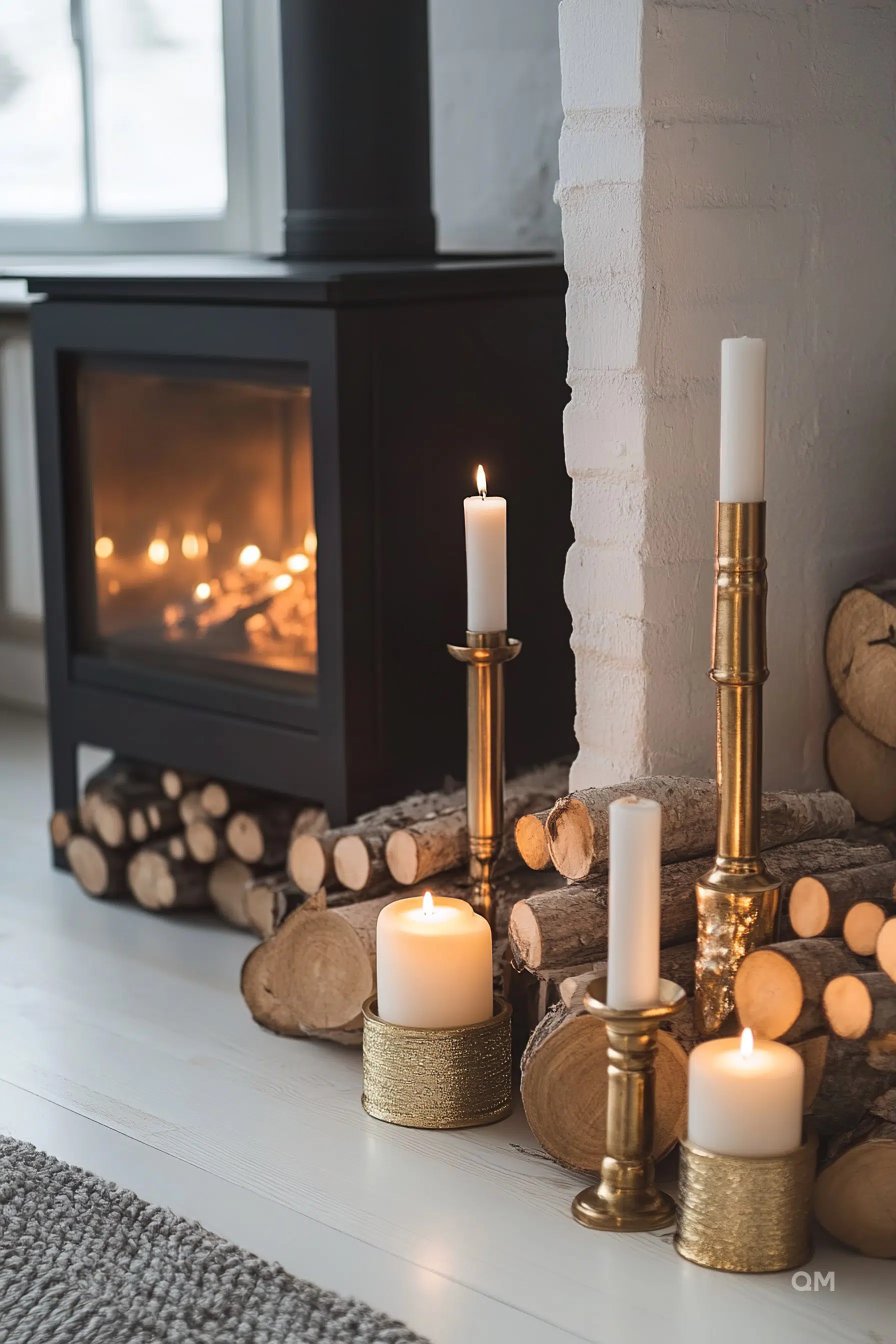 A cozy room corner with lit candles on brass stands, firewood, and a burning fireplace, conveying a warm, inviting atmosphere.