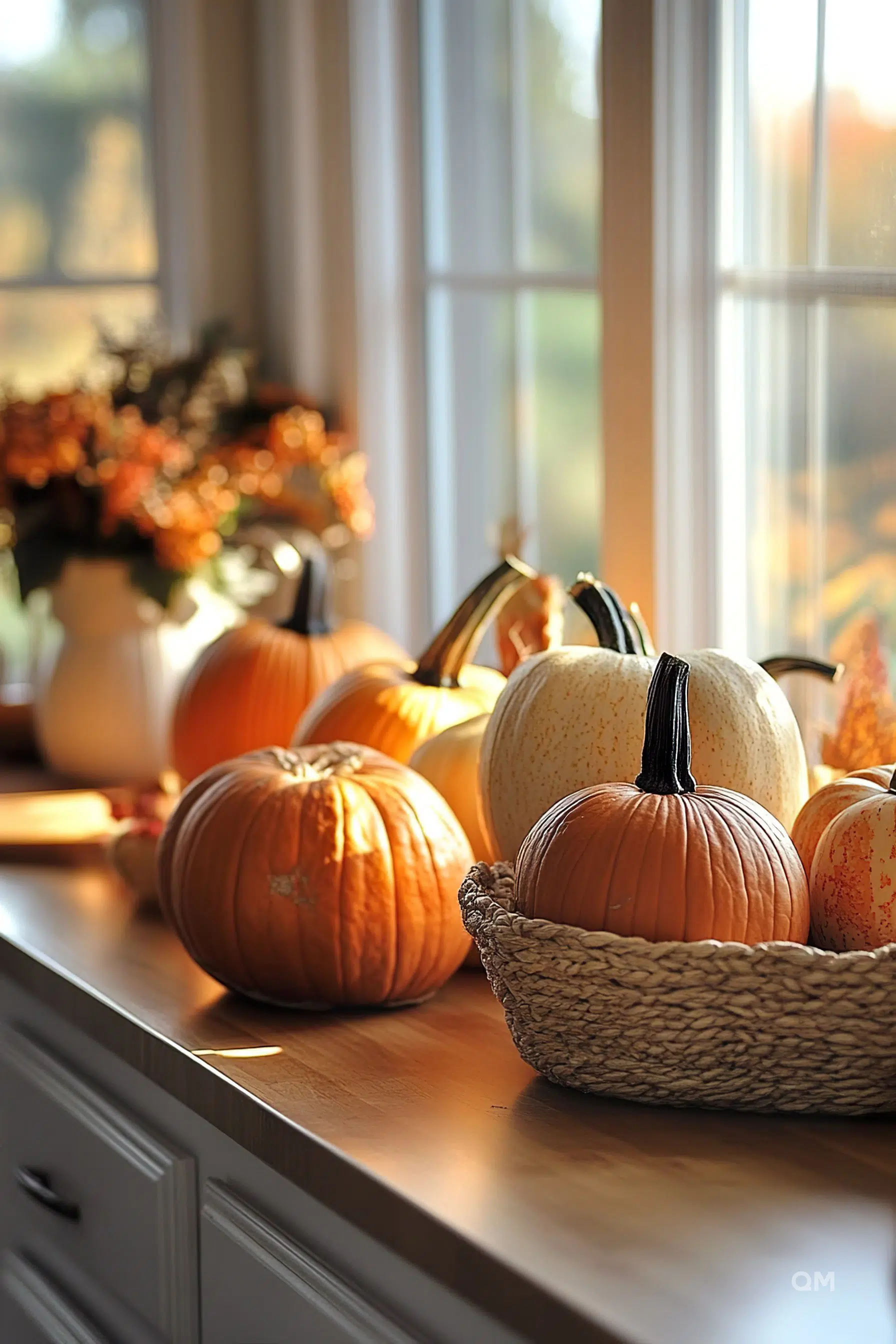 Assorted pumpkins on a sunny windowsill, hinting at autumn decor.
