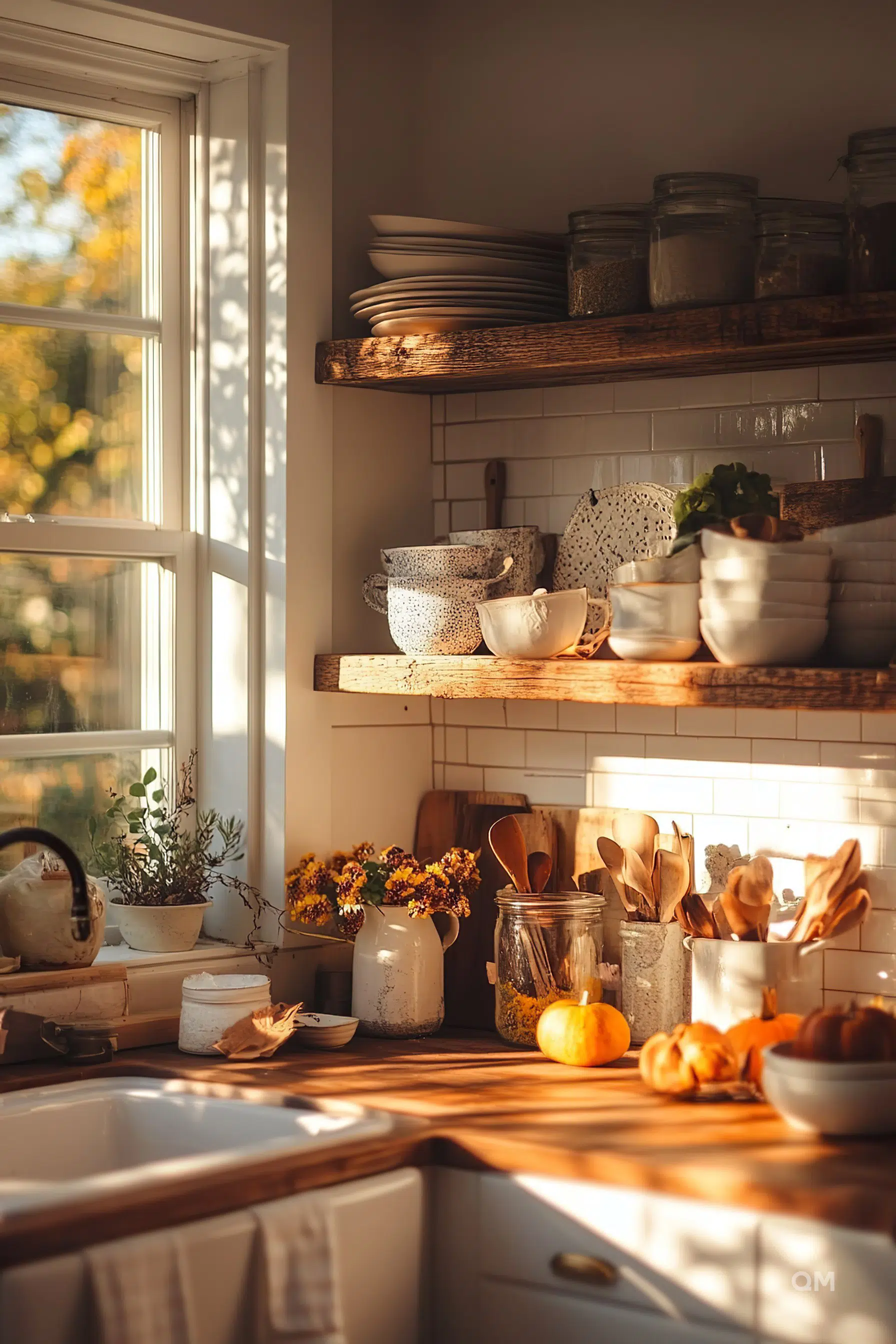 A cozy kitchen interior basked in warm sunlight with open shelving, dishes, plants, and autumn decorations.