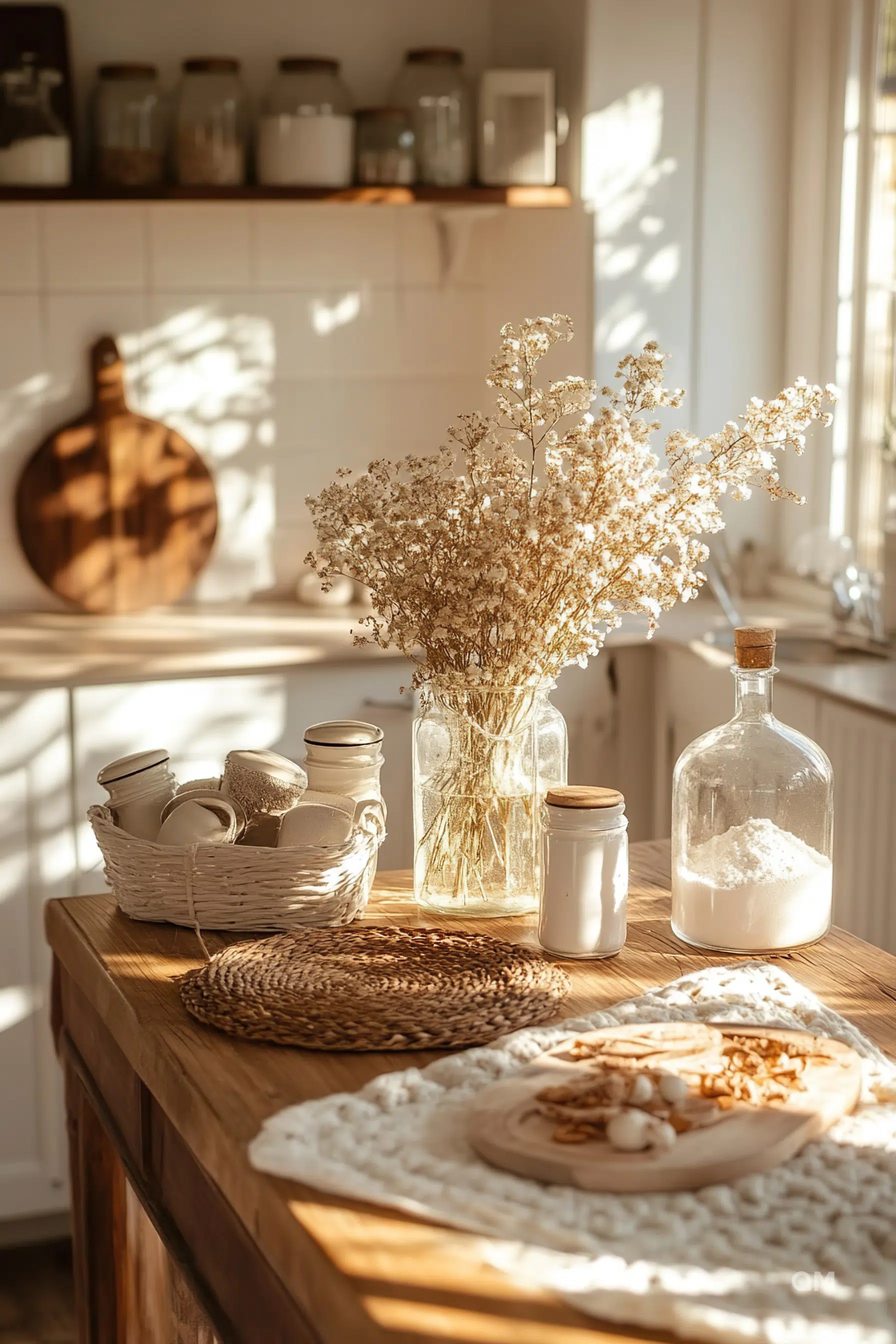 Alt text: Cozy kitchen interior bathed in warm sunlight with dried flowers in a vase, jars on wooden countertop, and a woven placemat.